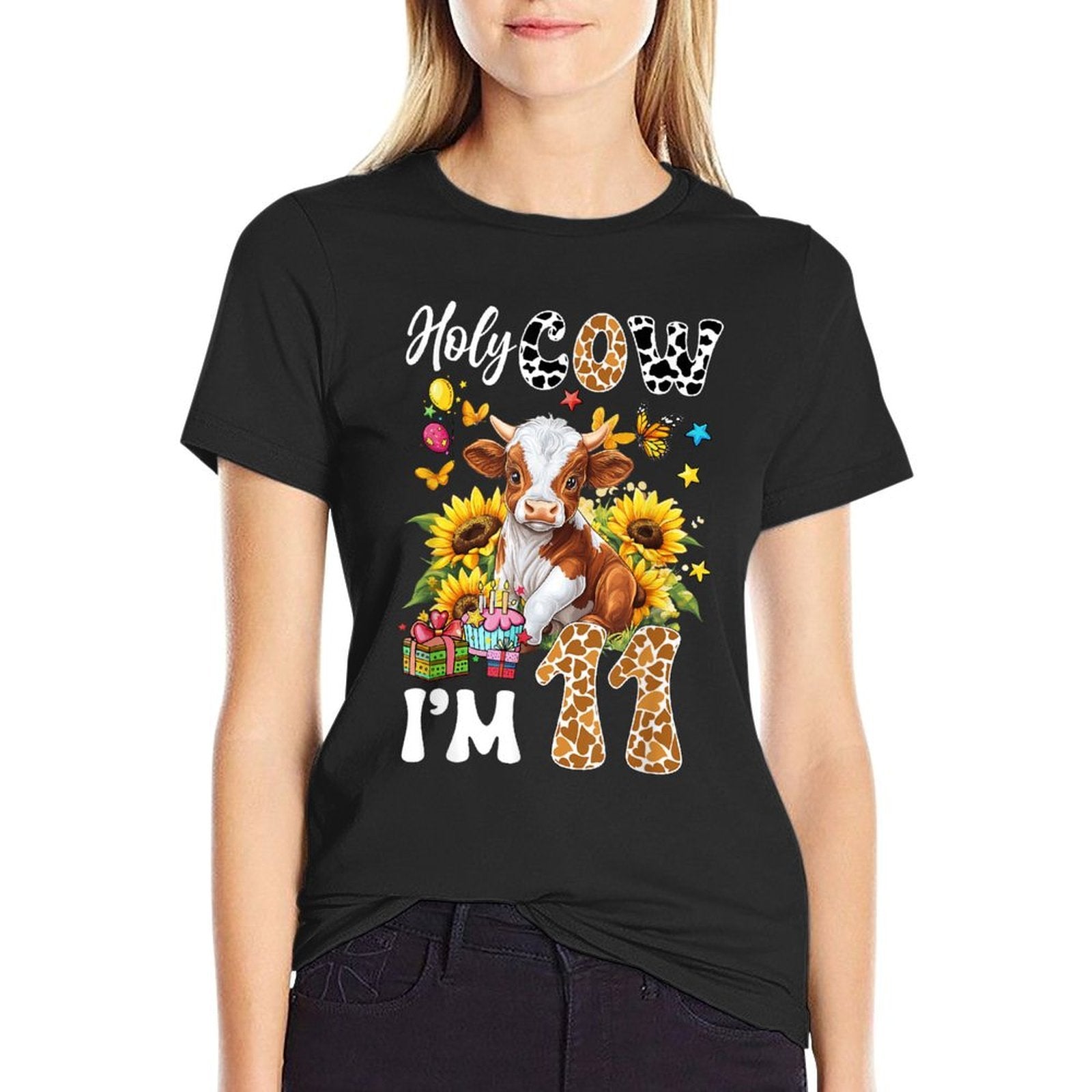 Holy Cow I'm 11 Years Old Farm Cow Sunflowers 11Th Birthday  High-quality Stitching T-Shirt