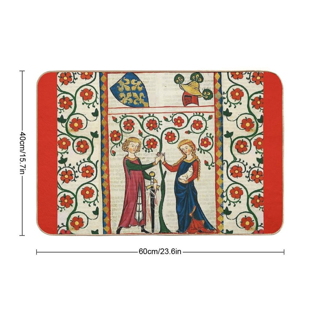 GERMAN POET WITH HIS BELOVED LADY ,MEDIEVAL MINIATURE WITH WILD ROSES  Fade-Resistant Bath Mat