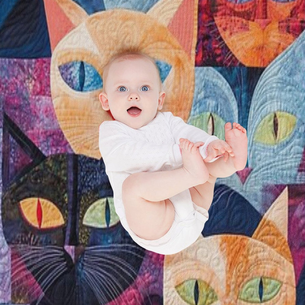 Feline Fiesta Vibrant Quilt Like Design Tee Versatility Throw Blanket