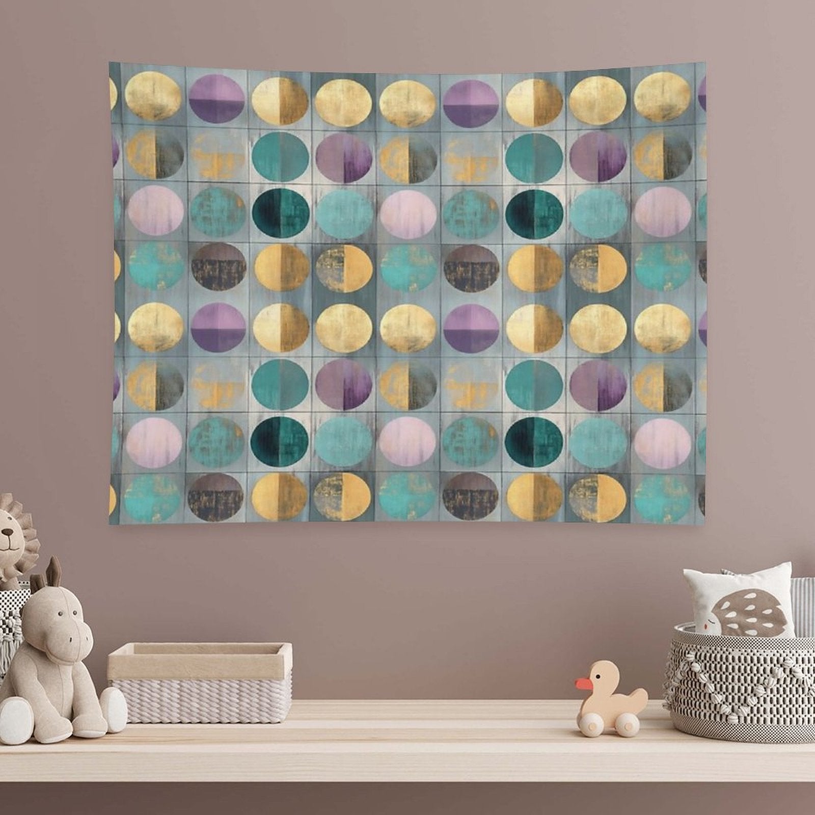 Vintage Geometric Circles – Abstract Gold & Teal Ar Tapestry