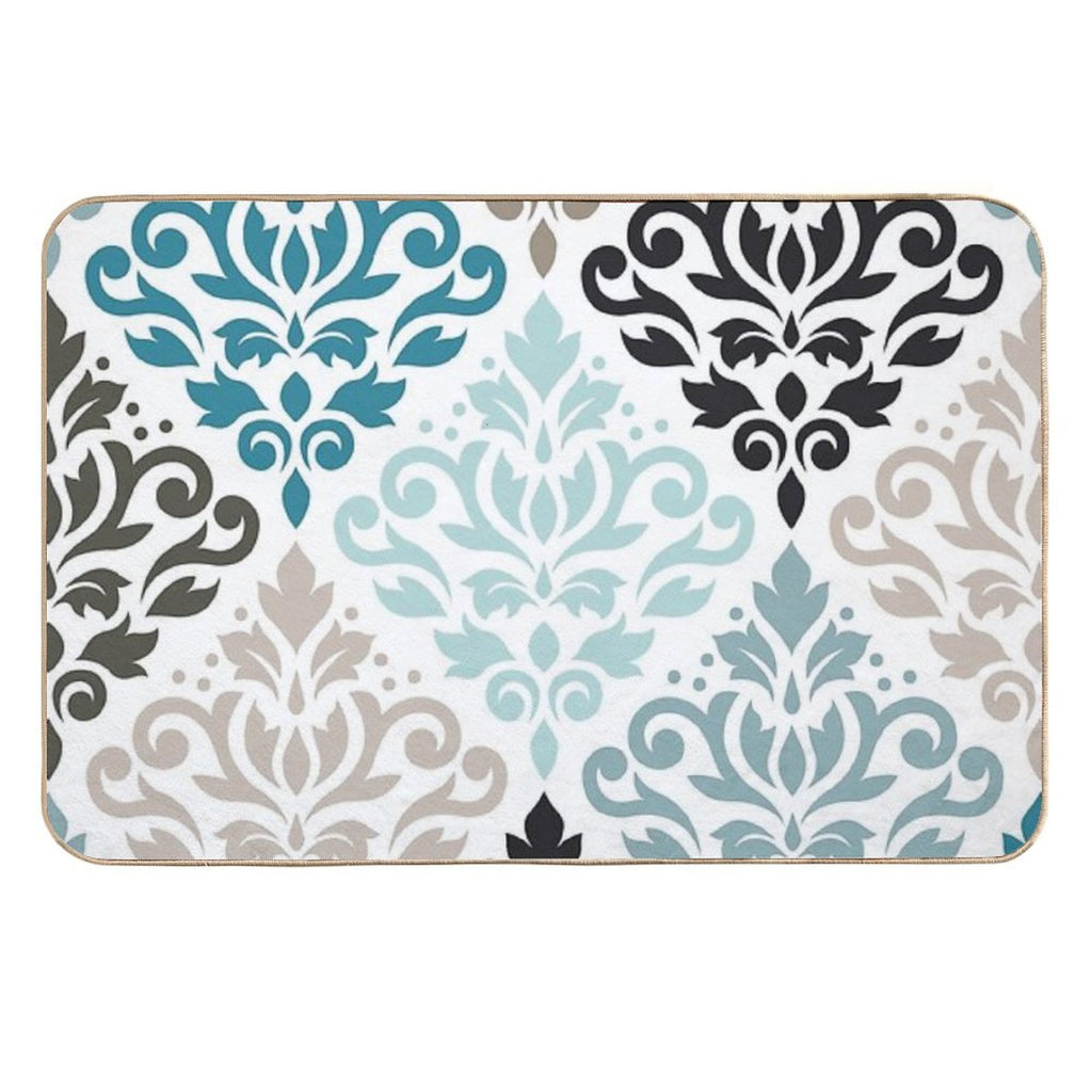 Scroll Damask Pattern Teals Browns White  Anti-Trip Bath Mat