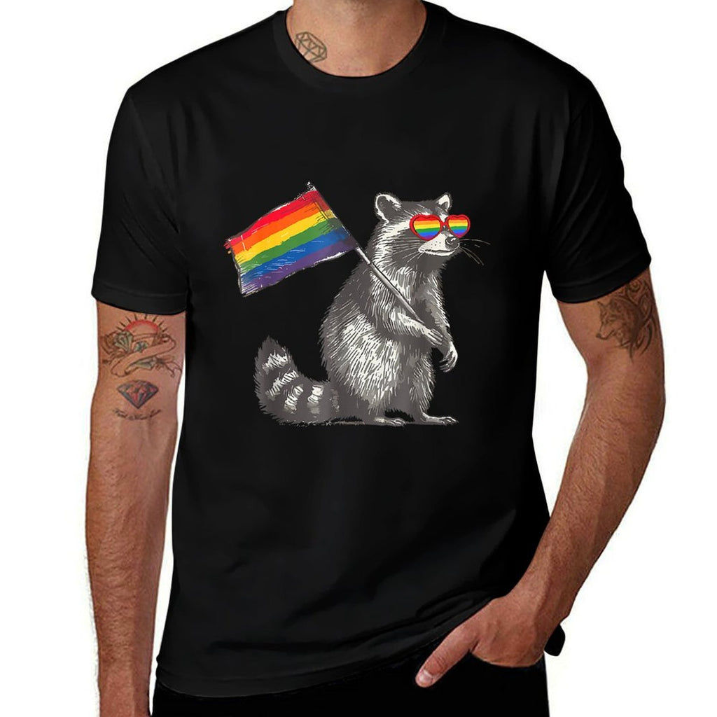 Raccoon LGBT Sunglasses Rainbow Gay Pride Month  Wrinkle-resistant T-Shirt