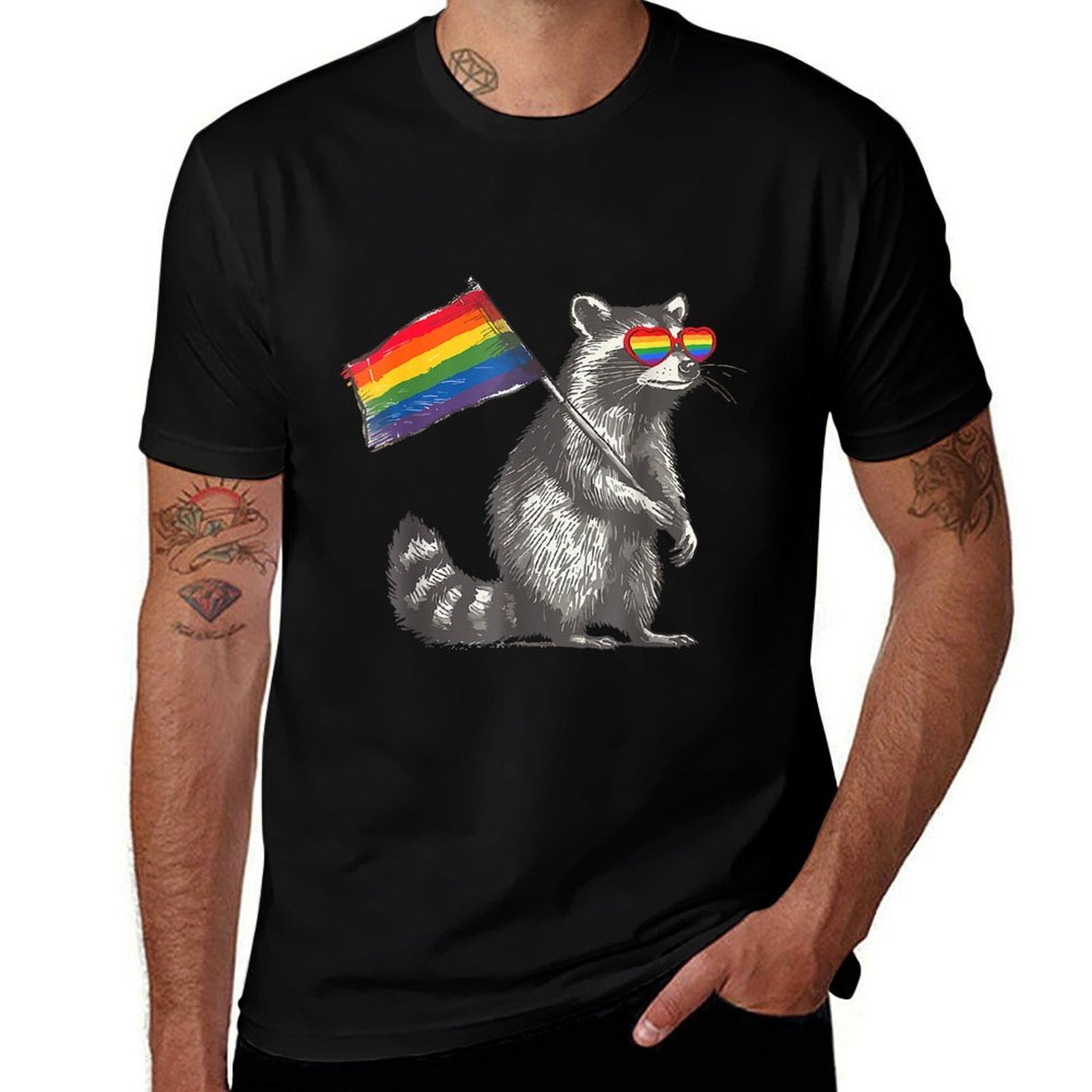 Raccoon LGBT Sunglasses Rainbow Gay Pride Month  Wrinkle-resistant T-Shirt
