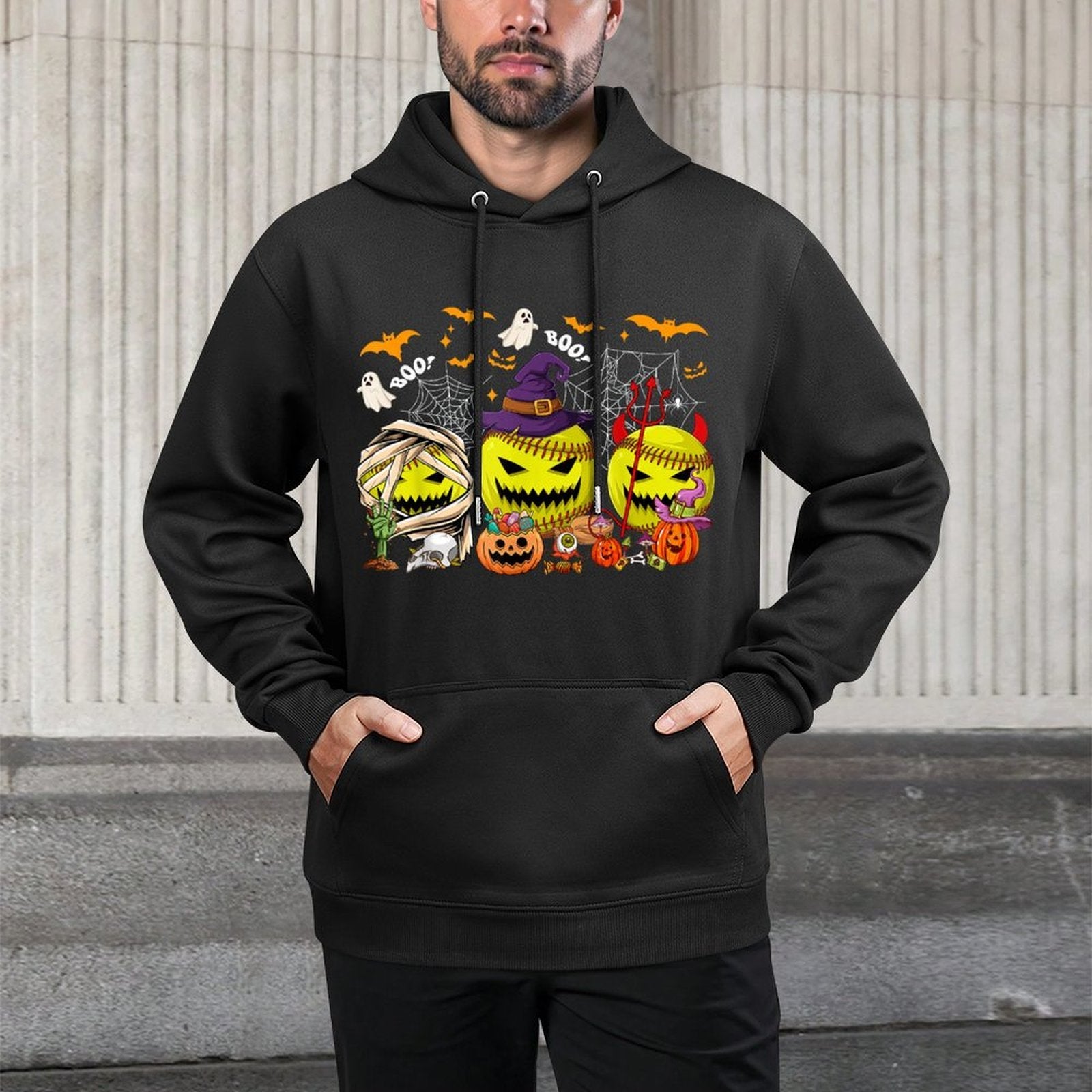 Funny Mummy Witch Devil Softball Balls Happy Halloween Day Medium-Weight Fabric Hoodie