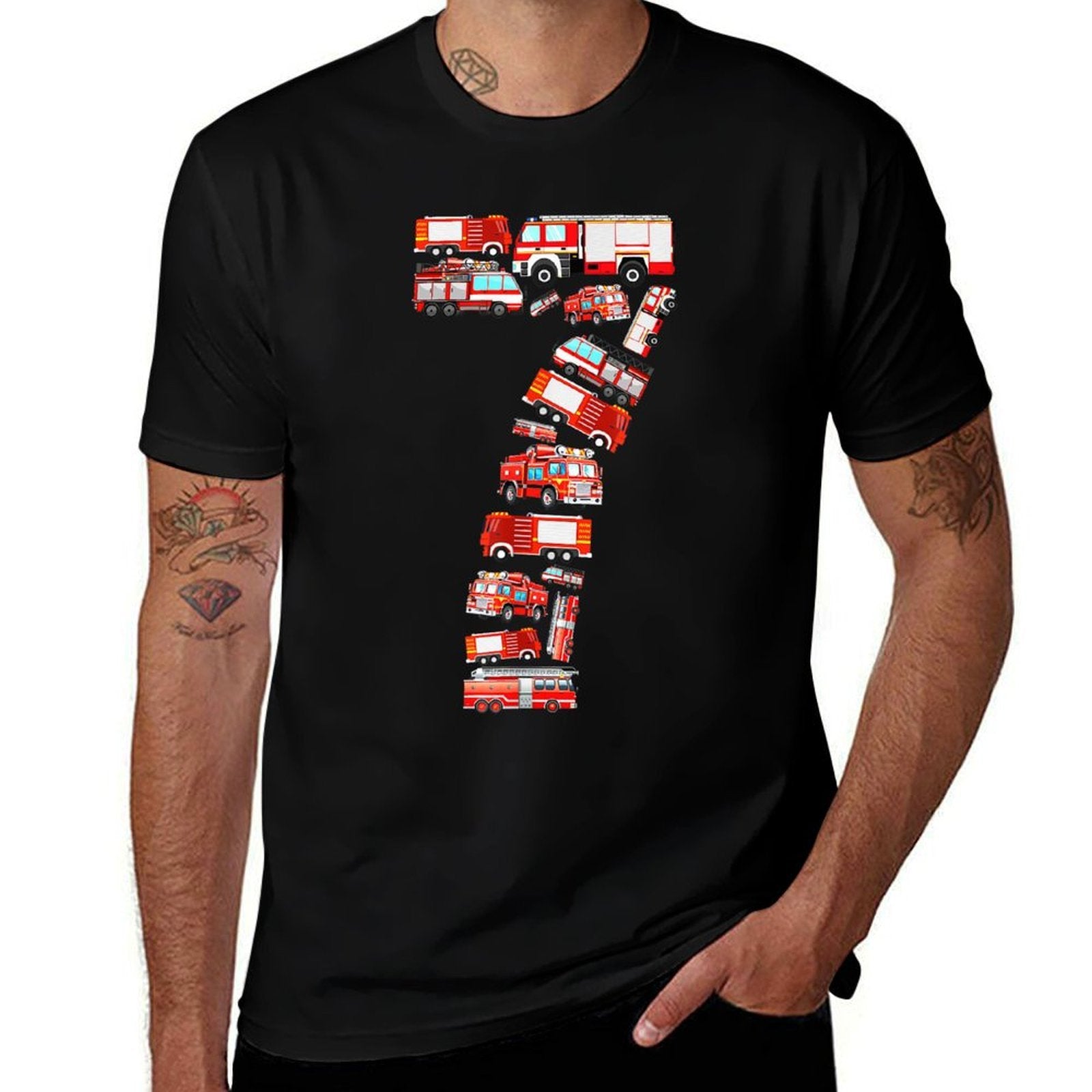 Fire Truck, 7th Birthday Boy, 7 Year Old Toddler Firefighter  Lightweight T-Shirt