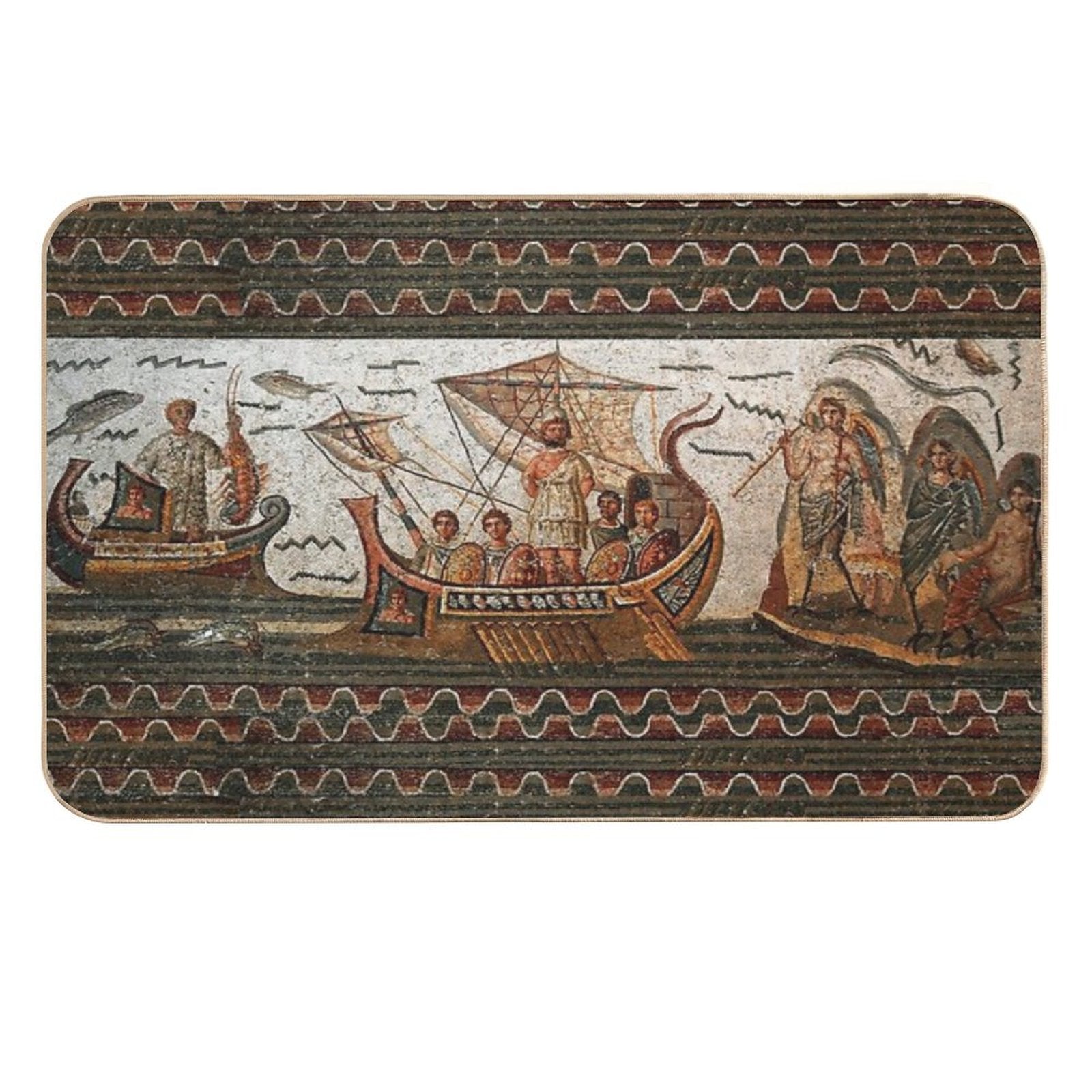 ANTIQUE ROMAN MOSAICS  Odyssey ,Ulysses Sailing with Vessel, Resistant to Sirens.,  Dirt-Trapping Bath Mat