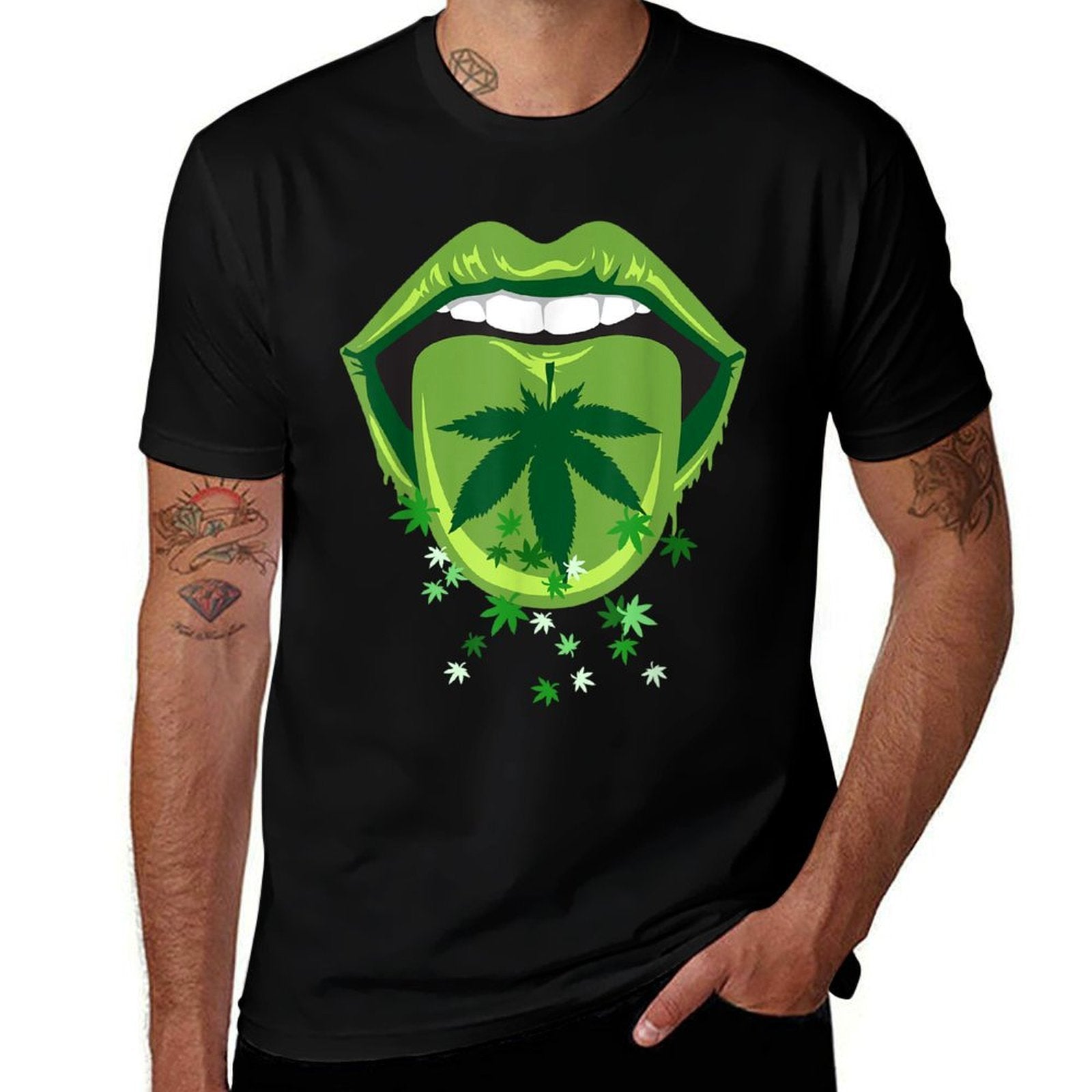Marijuana Smoker Pot Leaf Tongue Green Lips Love Weed  Polyester Blend T-Shirt