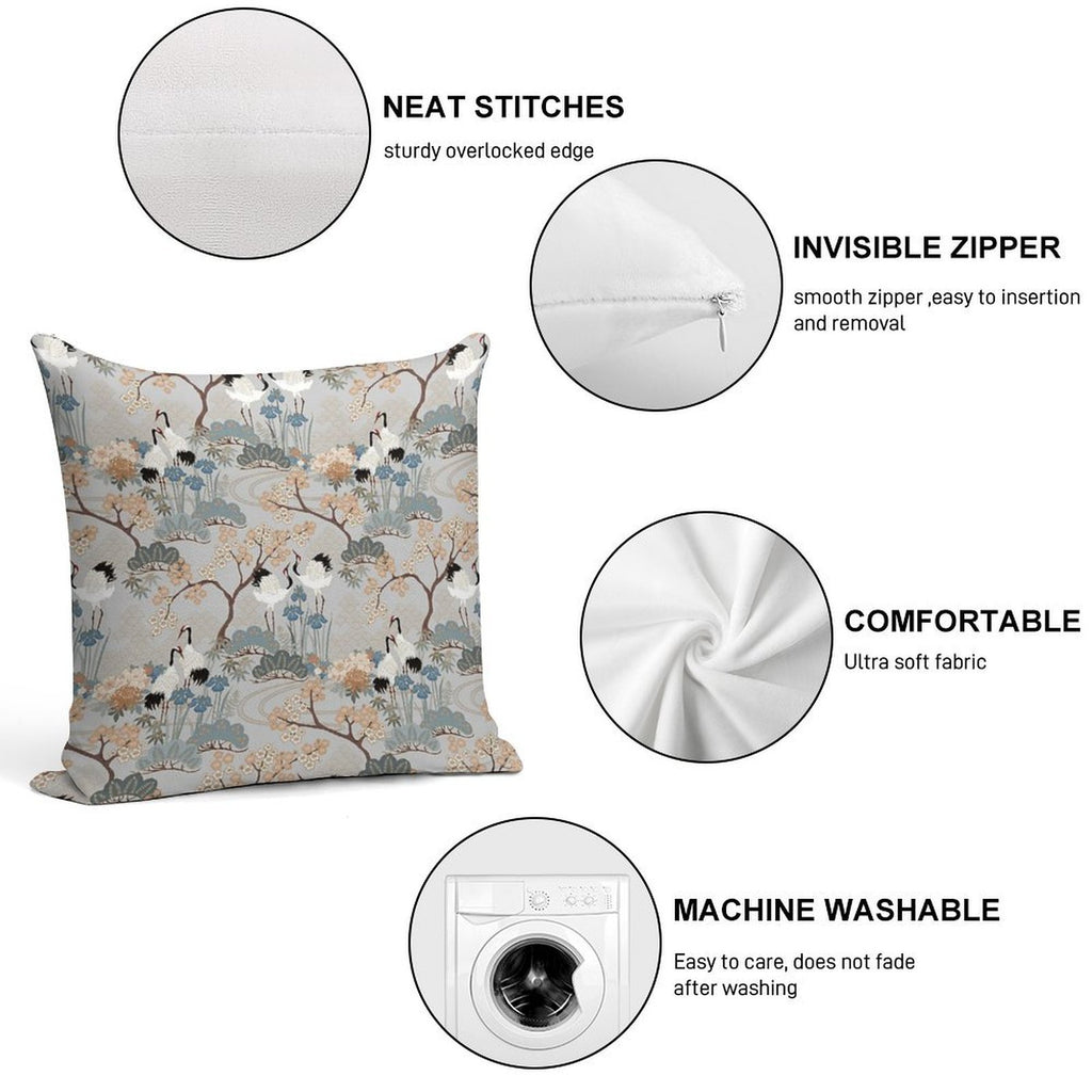 Japanese Garden Gray Soft Short Plush Fabric Throw Pillow