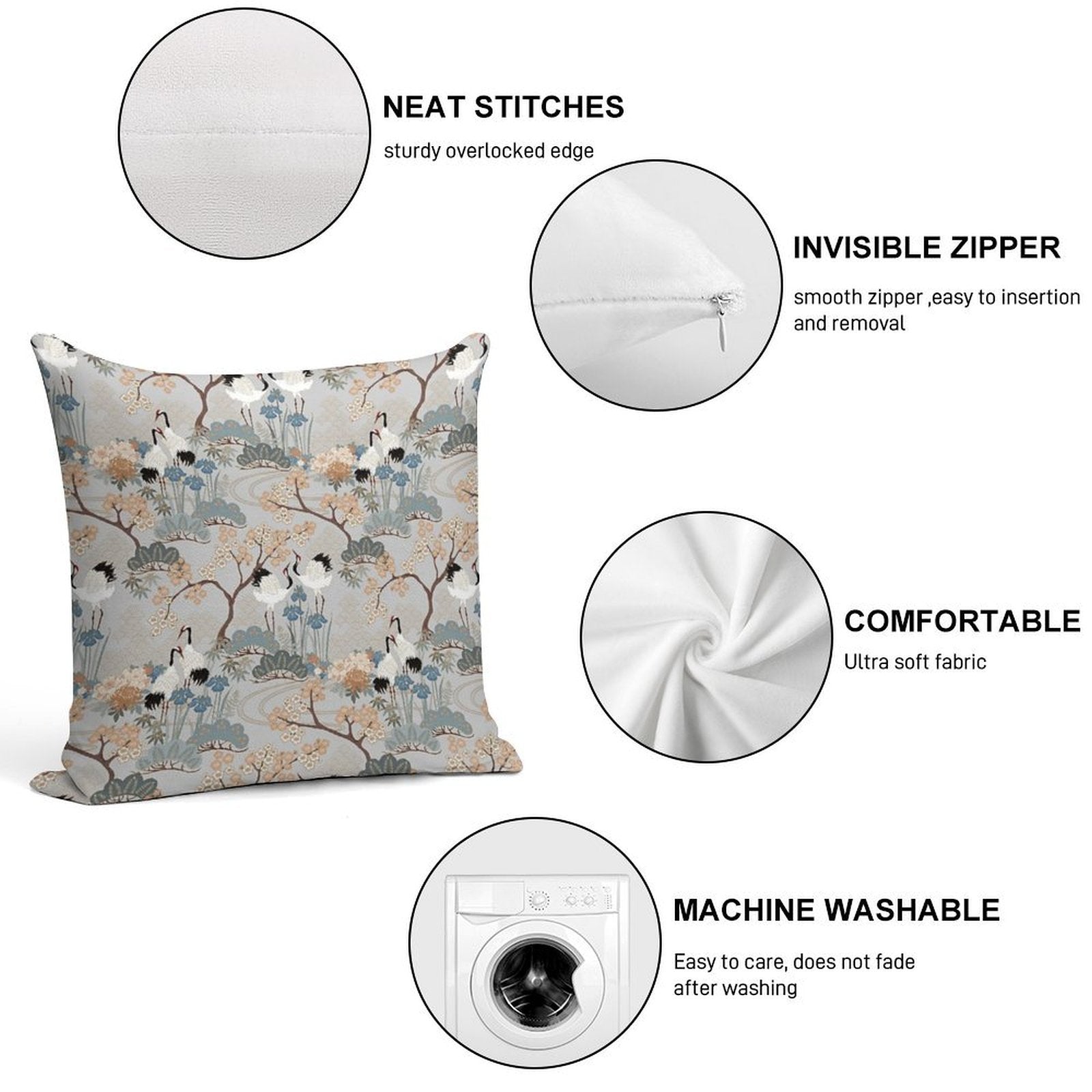 Japanese Garden Gray Soft Short Plush Fabric Throw Pillow
