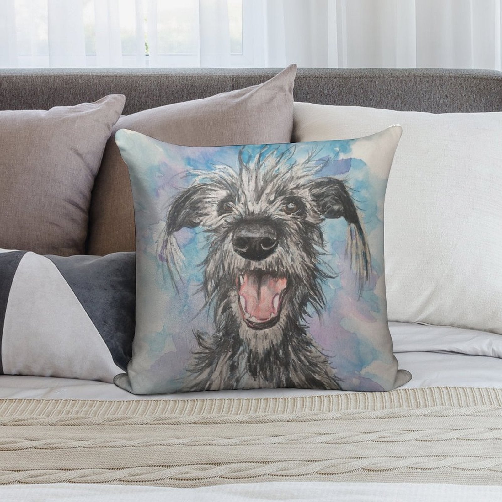 Scruffy Lurcher  , Watercolour Background Soft High-Density Material Throw Pillow