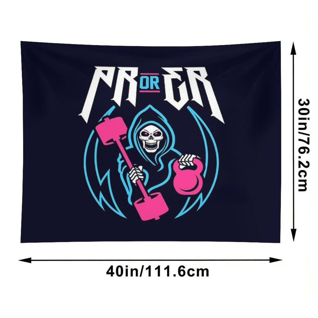 PR Or ER (Gym Reaper Kettlebell & Barbell) Funny Gym Ego Lifting Tapestry