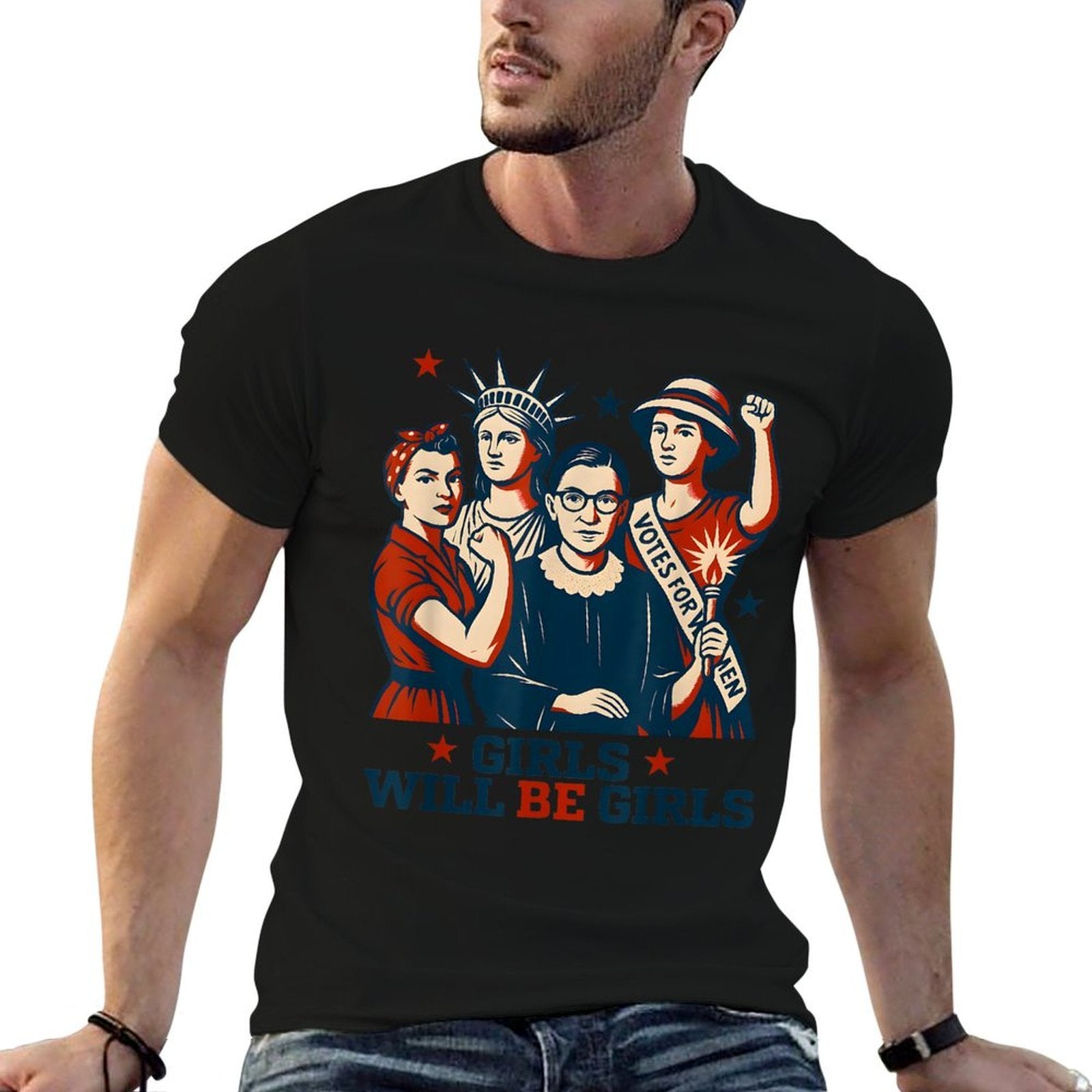 Girl Will Be Girls Patriotic Feminist 4th Of July USA Women  Eco-friendly Material T-Shirt