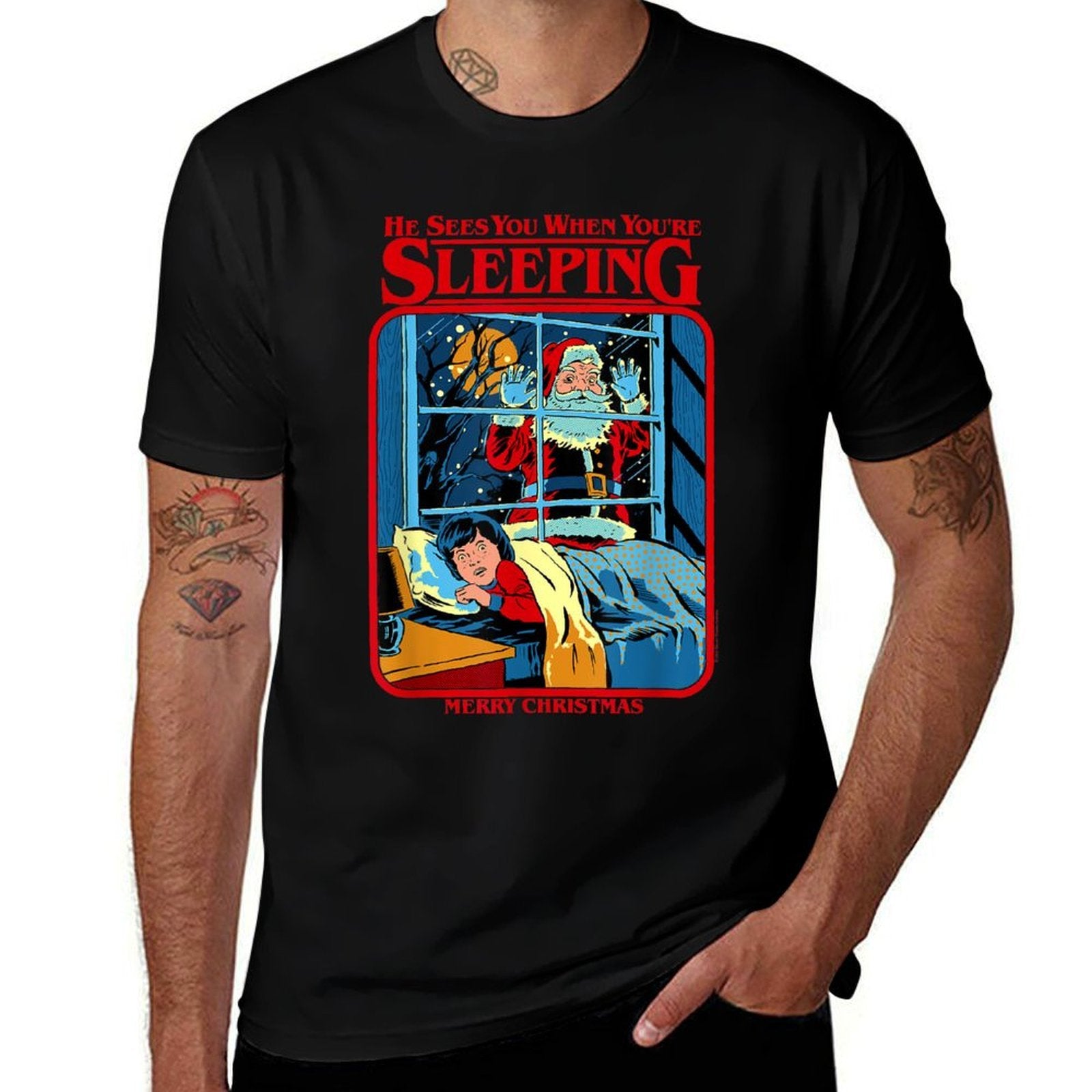 Steven Rhodes Santa Claus Sees You Retro Dark Humor  Vintage-inspired T-Shirt
