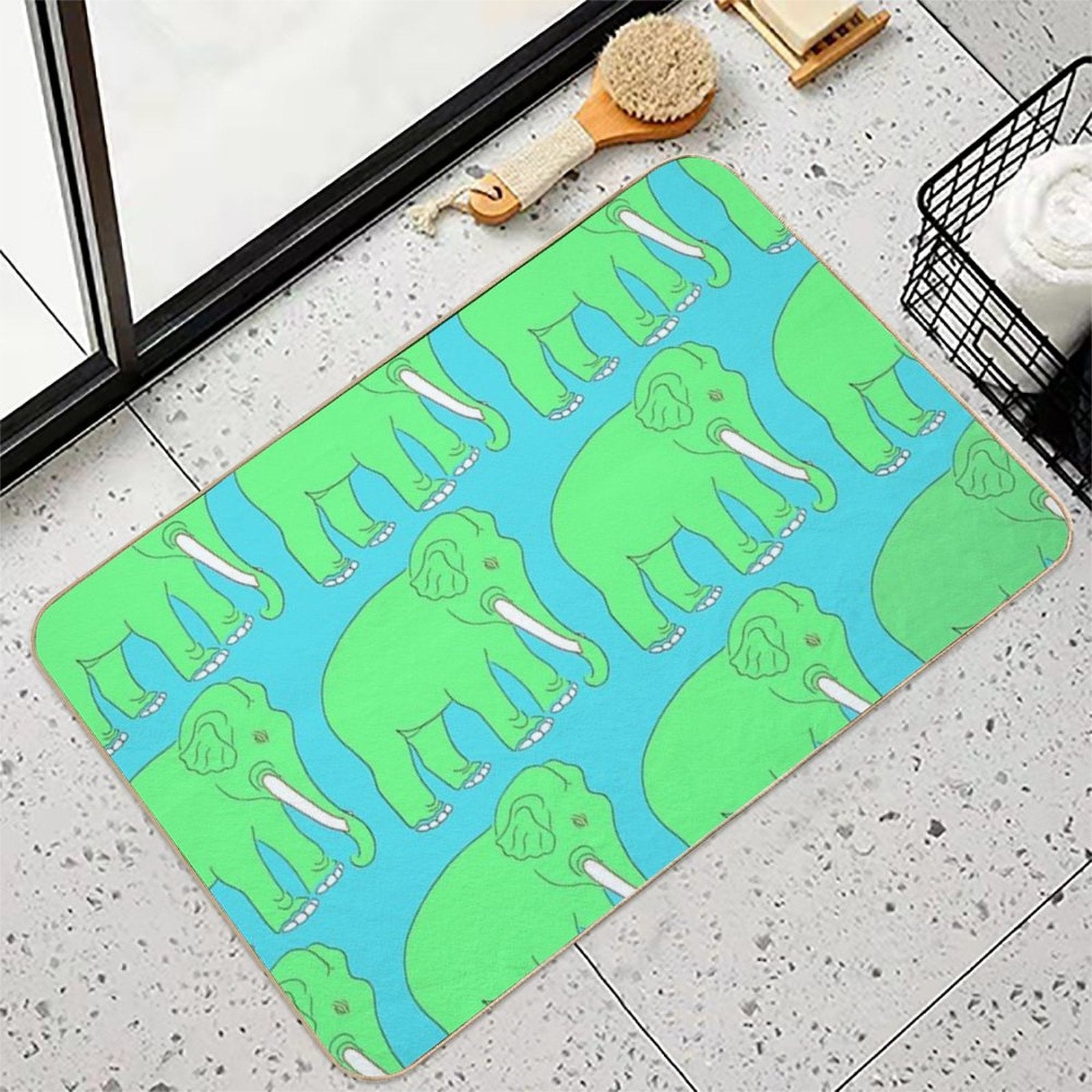 Vintage Elephant Illustration Pattern (GREEN)  Easy To Clean Bath Mat