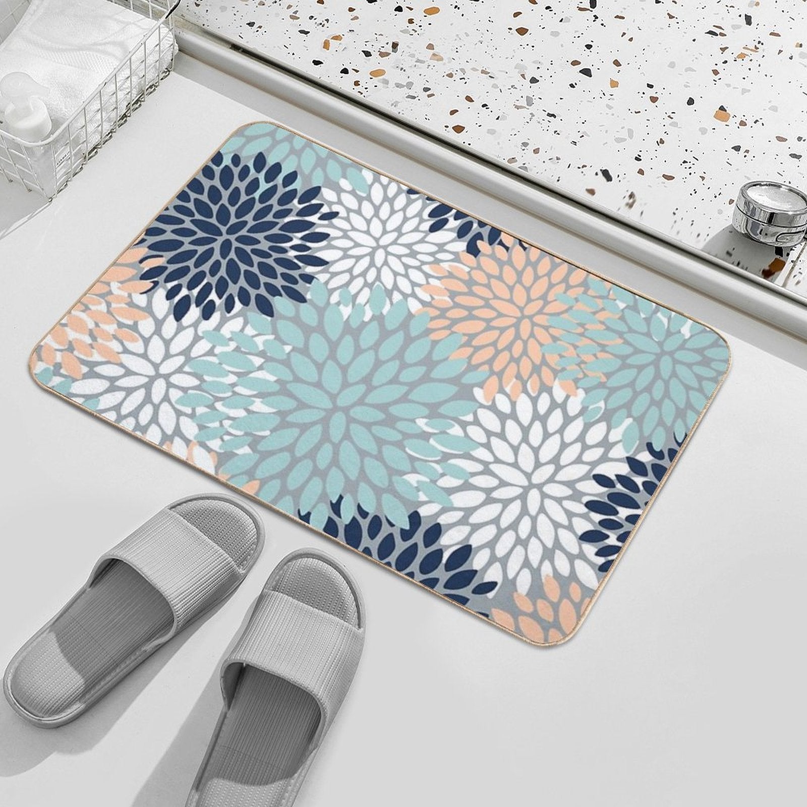 Floral Bloom, Navy, Peach, Aqua, Gray  Versatile Bath Mat