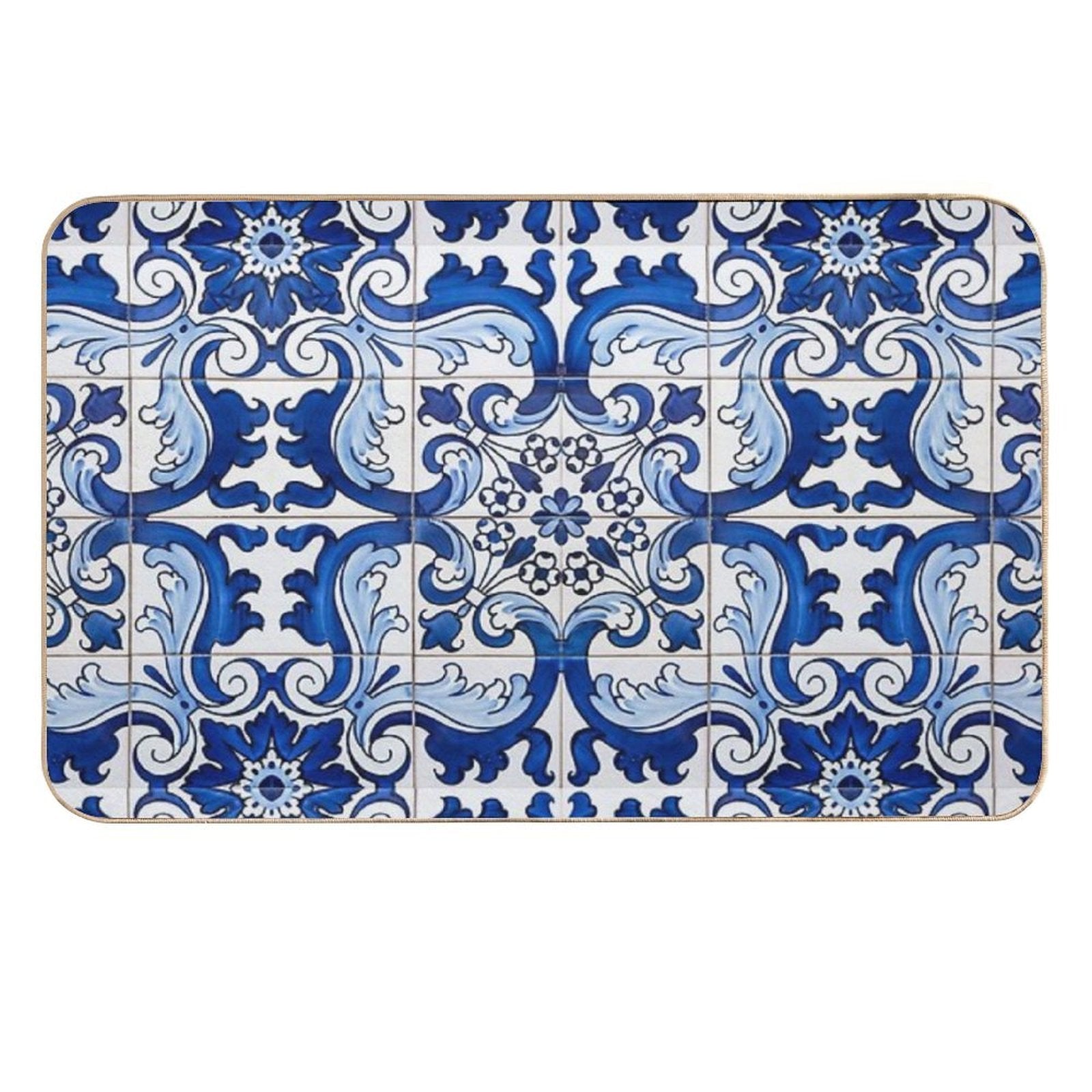 Antique Classic Lisbon Blue Azulejo Tile Floral Pattern  Stain-Proof Bath Mat