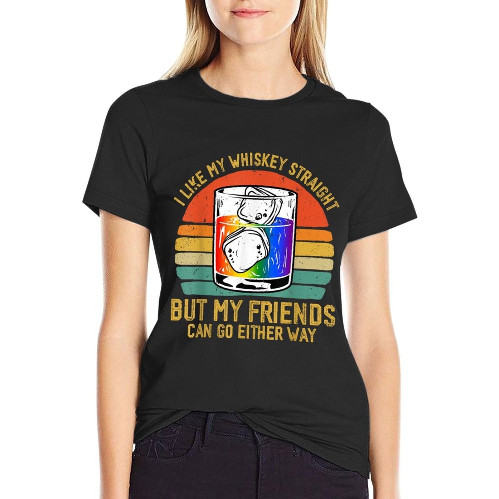 Retro I Like My Whiskey Straight But My Friends LGBTQ Pride  Rolled Sleeves T-Shirt