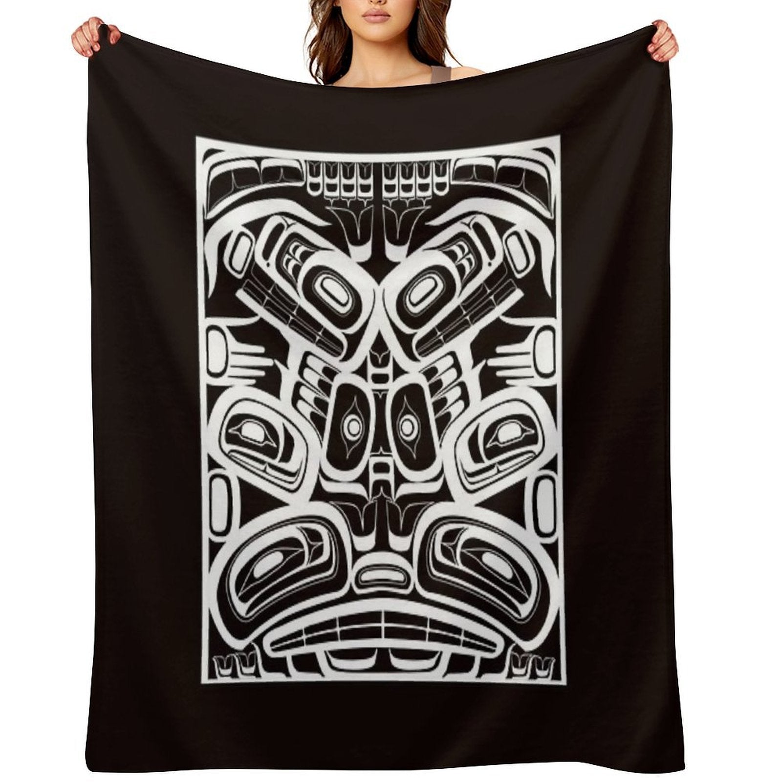 White Totem Native Formline Design Orca Bear Raven Travel-friendly Throw Blanket