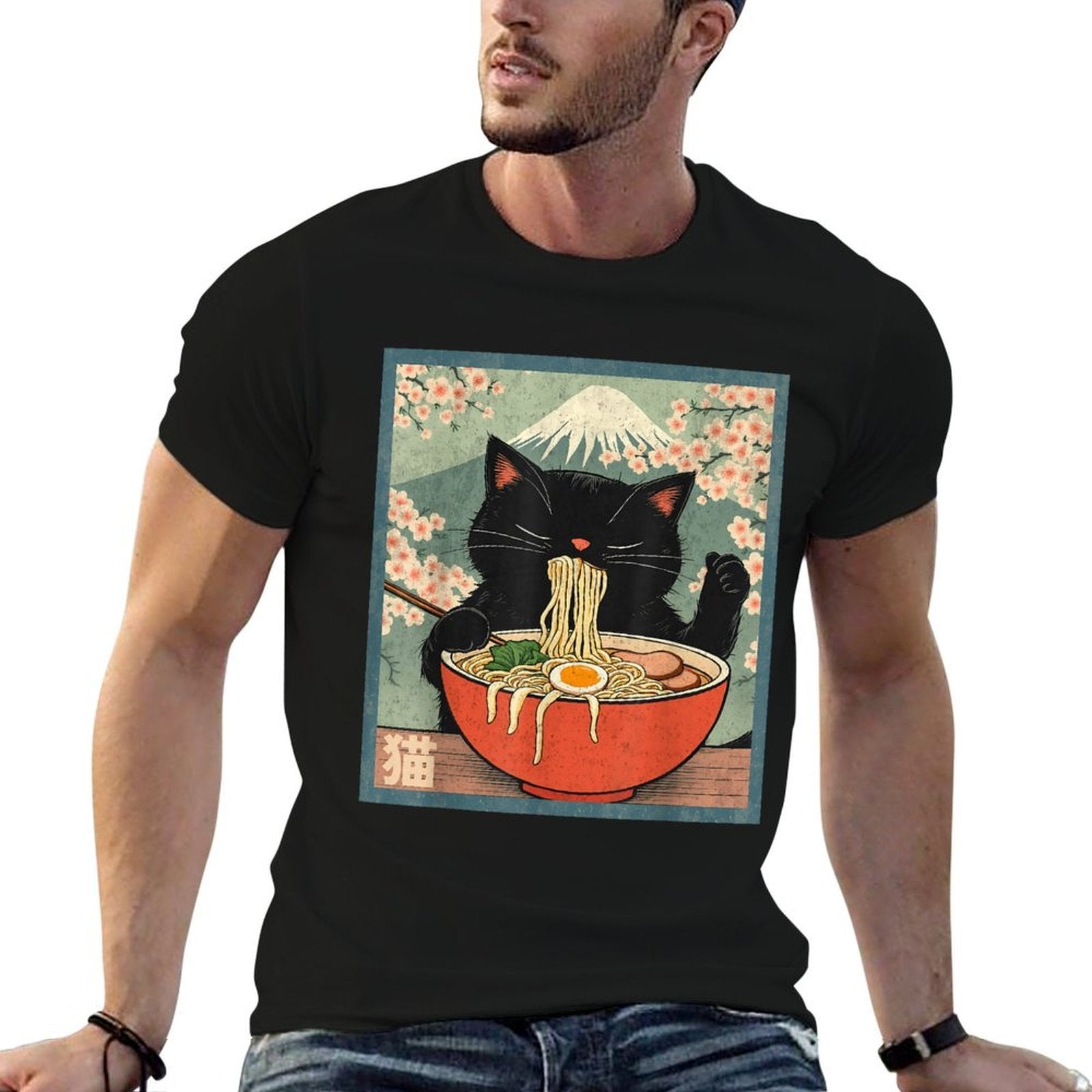 Retro Kawaii Animes Cat Eating Ramen Anime Japanese  Durable T-Shirt