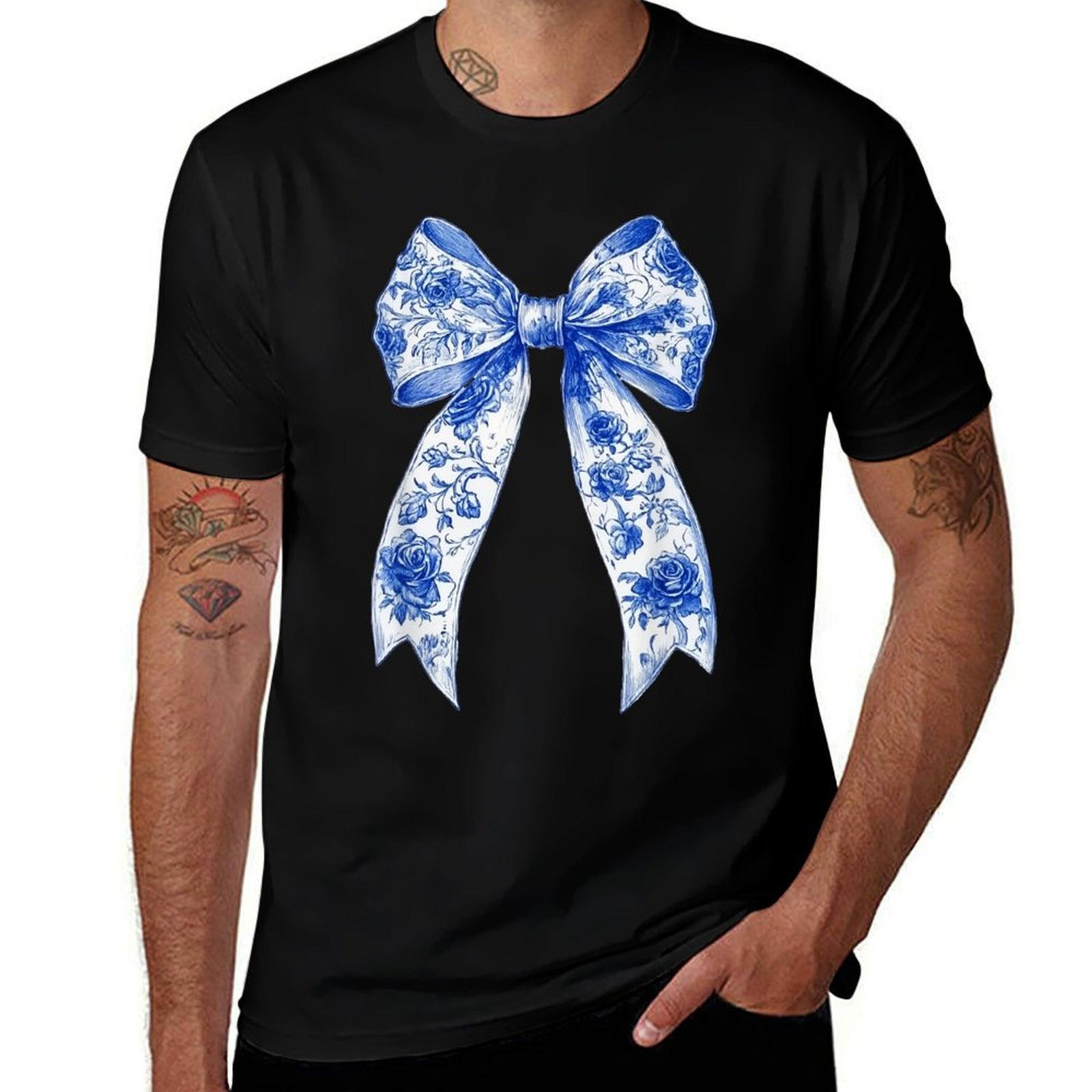 Coquette Floral Blue Bow Flower Toile French Pattern  High-quality Stitching T-Shirt