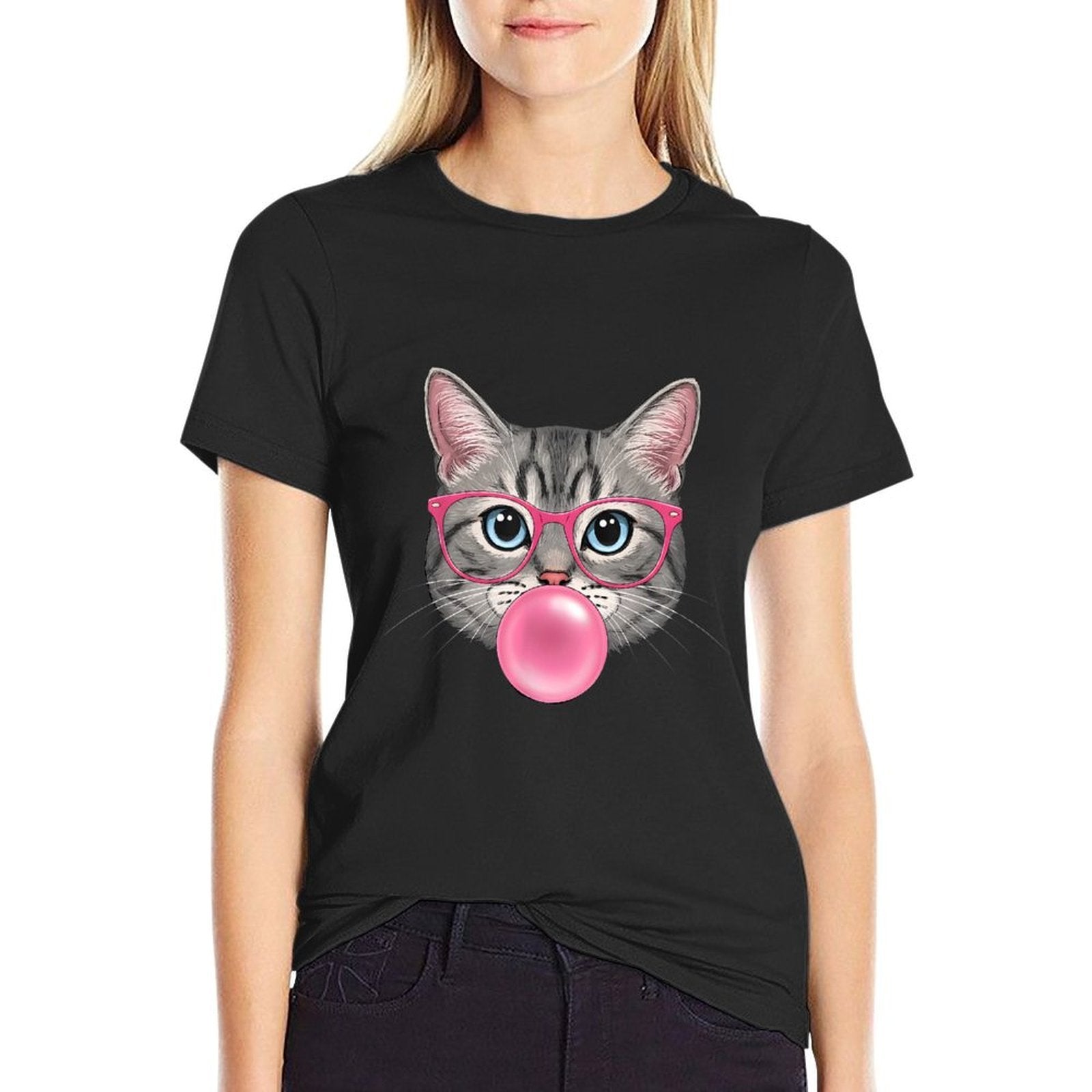 Cat with Glasses And Bubblegum  Cotton T-Shirt