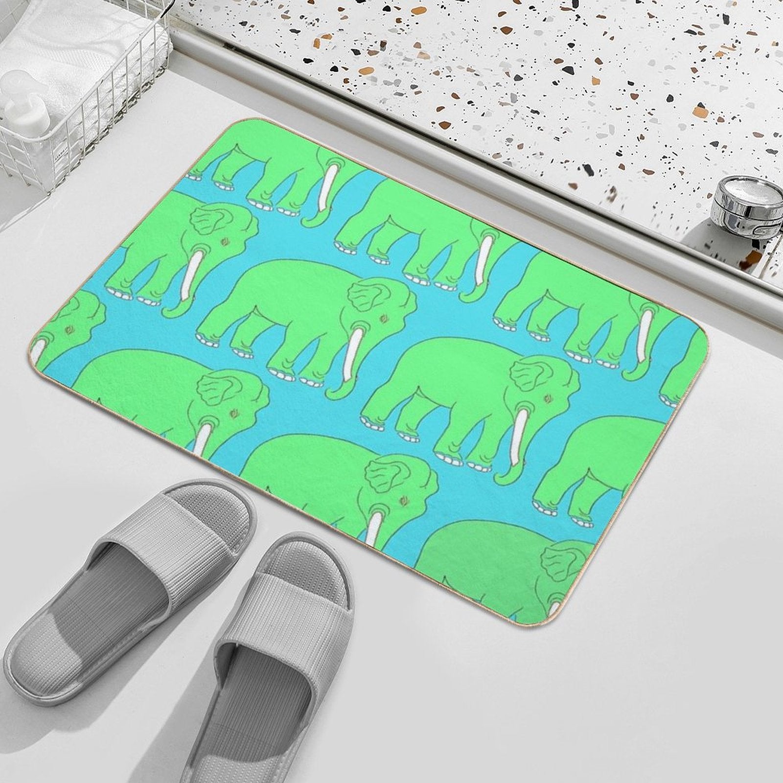 Vintage Elephant Illustration Pattern (GREEN)  Easy To Clean Bath Mat