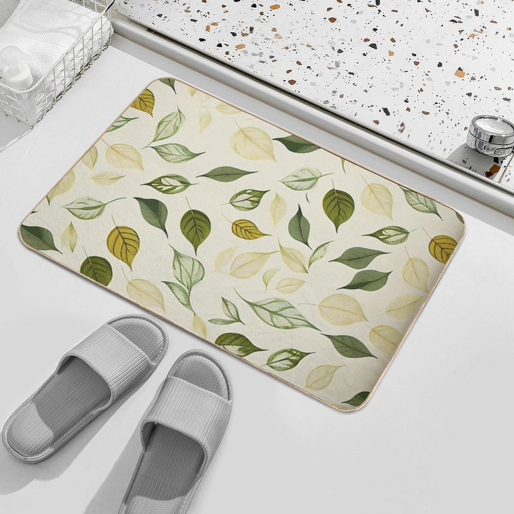 Luciana - Watercolor Leaf Leafs Abstract Painting Pattern in Green, Black, Brown, White Yellow, Blue, Cream, Light  Dirt-Trapping Bath Mat