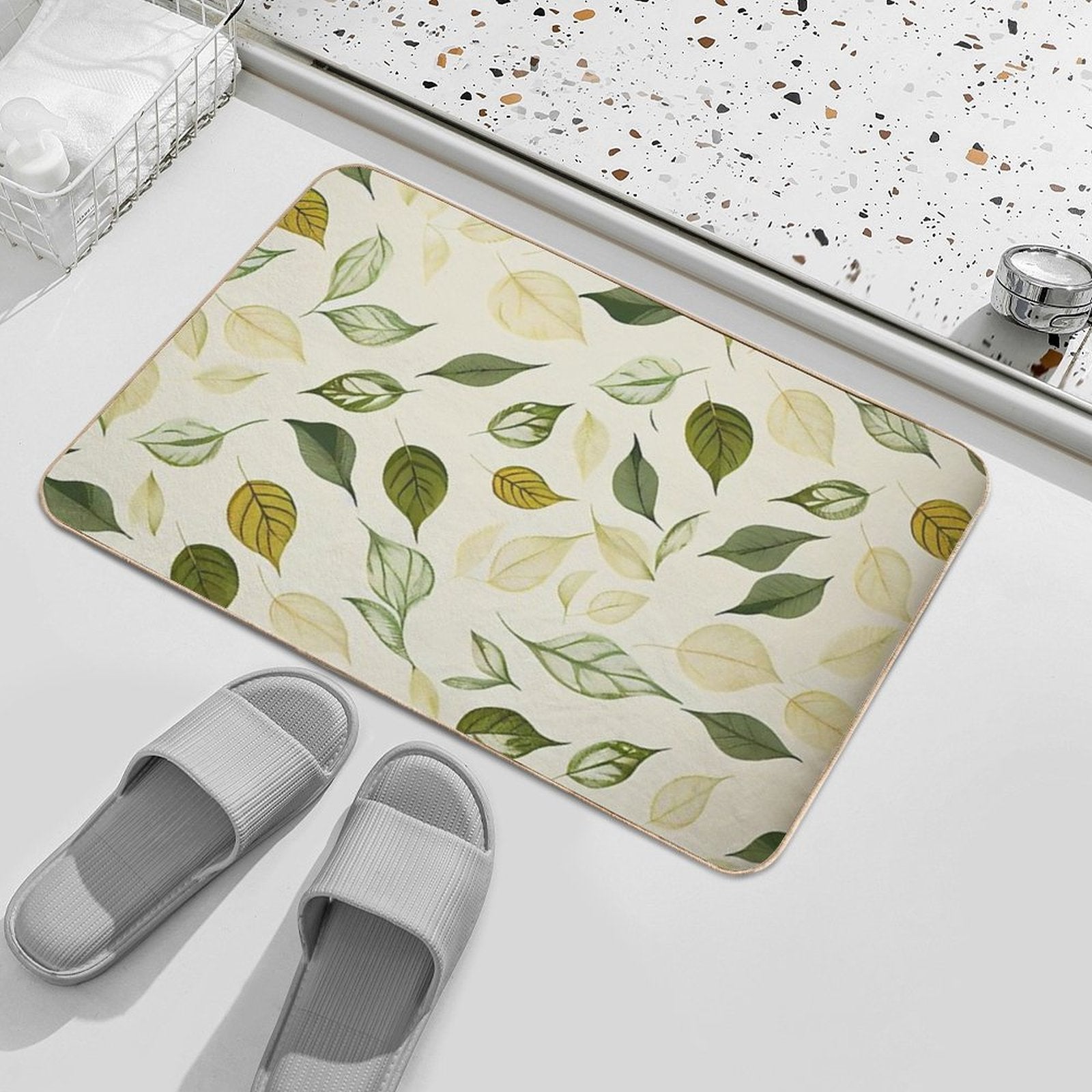 Luciana - Watercolor Leaf Leafs Abstract Painting Pattern in Green, Black, Brown, White Yellow, Blue, Cream, Light  Dirt-Trapping Bath Mat