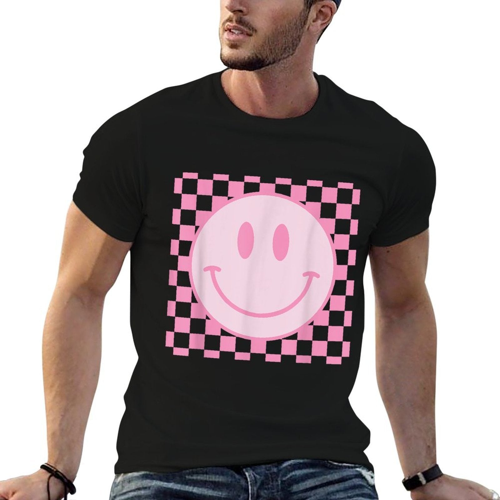 Retro Happy Face Checkered Pattern Smile Face Trendy  Tagless Design T-Shirt
