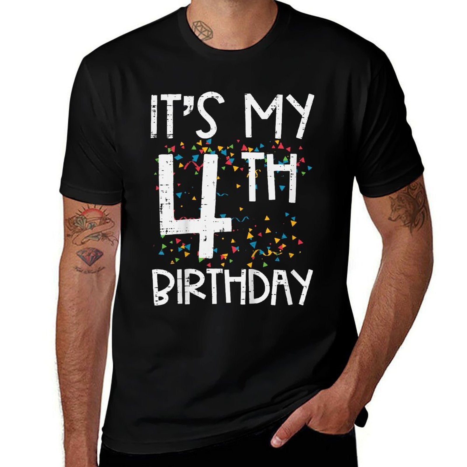 Kids Its My 4th Birthday Confetti 4 Years Old Girls Boys Kids  Ribbed Collar T-Shirt
