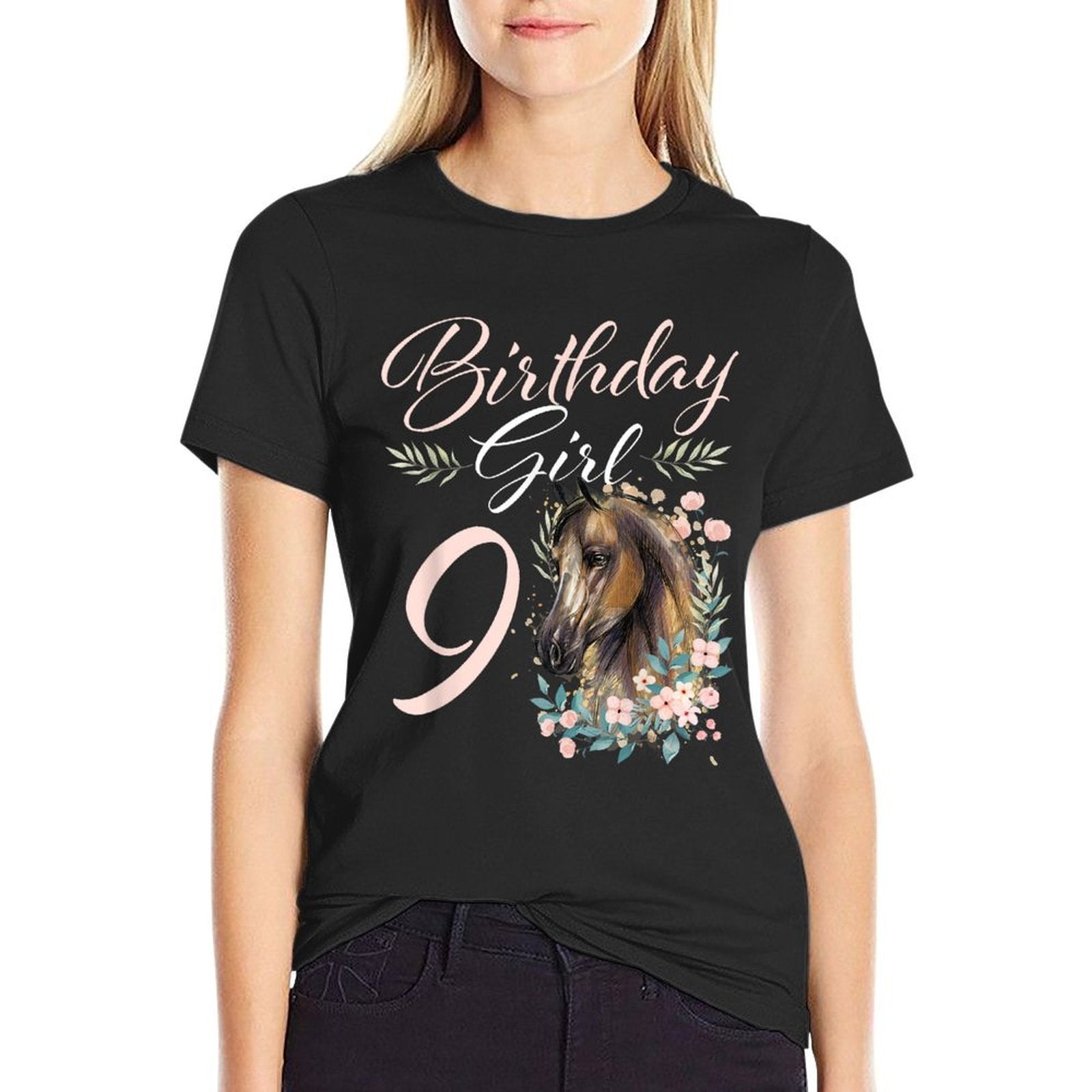 9th Birthday Girl Horse Lover 9 Years Old Bday  Cotton T-Shirt
