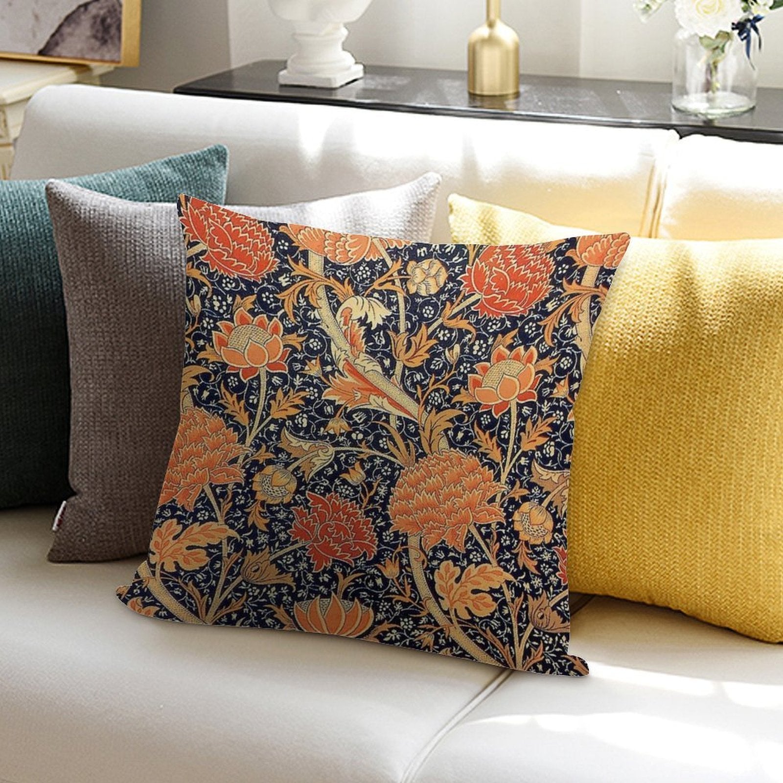 William Morris Cray Blue And Orange Soft High-Density Material Throw Pillow