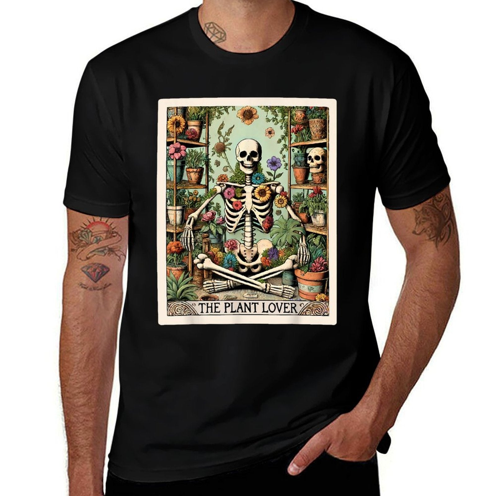 The Plant Lover Tarot Card Skeleton Flower Gardening  Polyester Blend T-Shirt