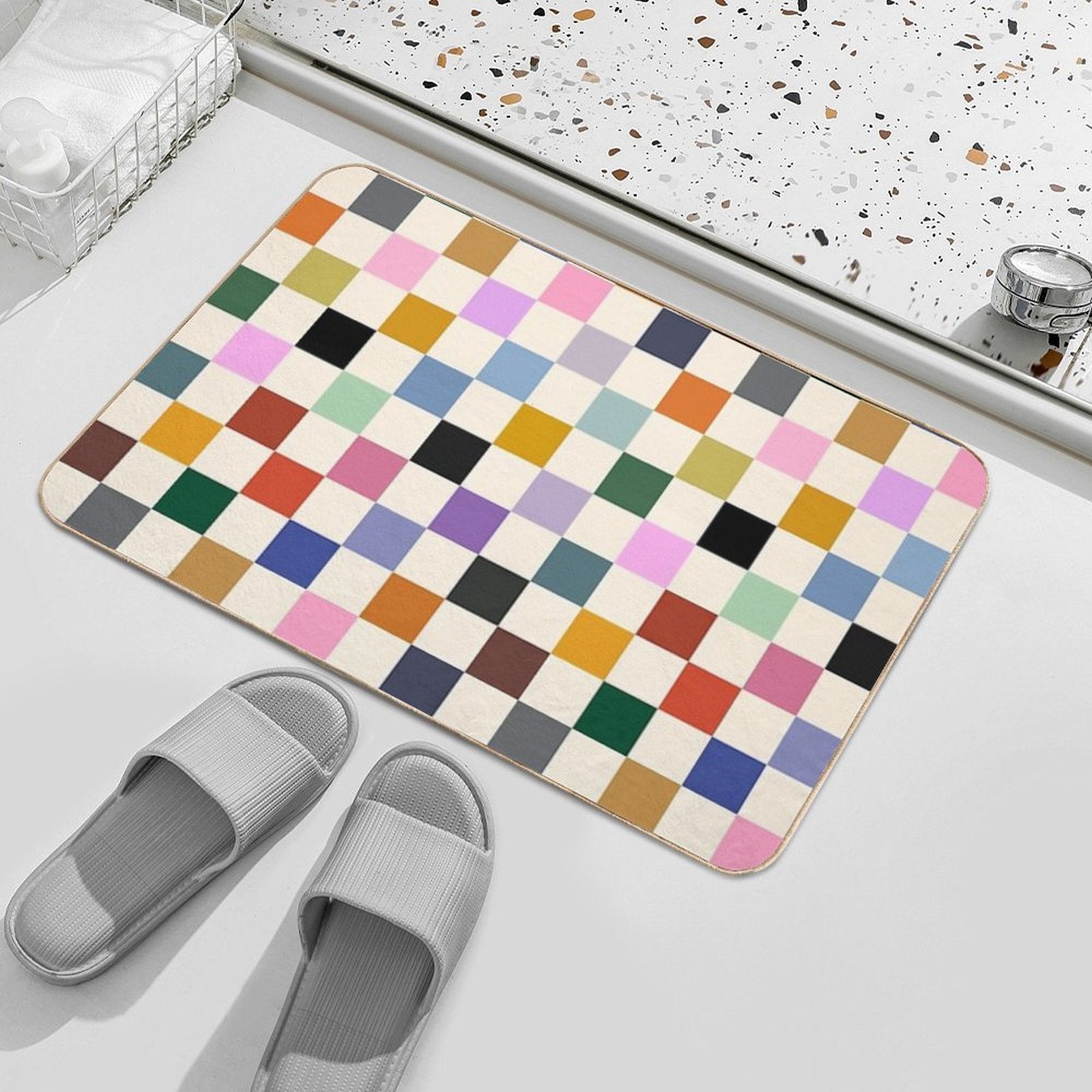Multi Colour on Cream Checkerboard Grid  Slip-Resistant Bath Mat