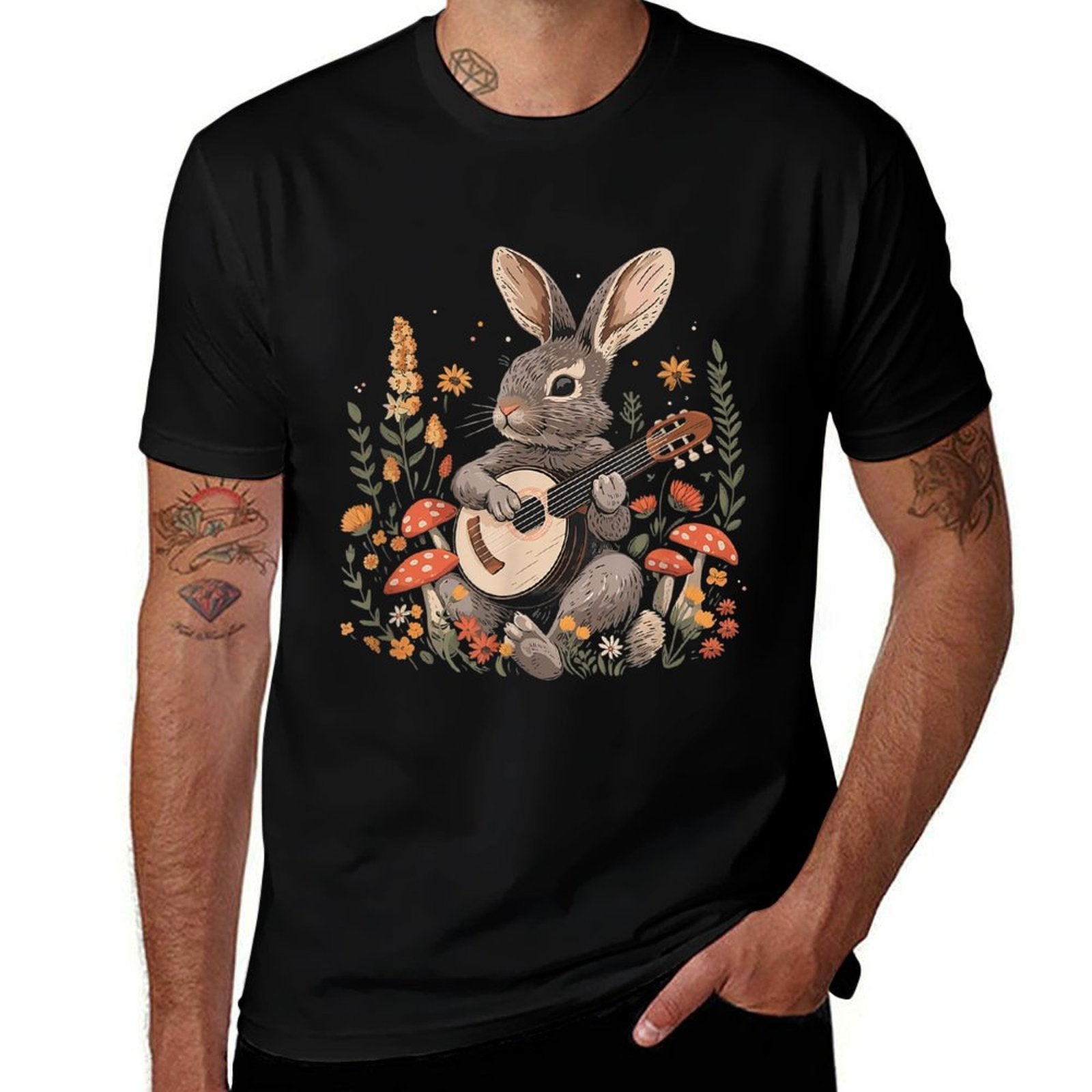 Cottagecore Aesthetic Cute Rabbit Playing Banjo  Fade-proof Color T-Shirt