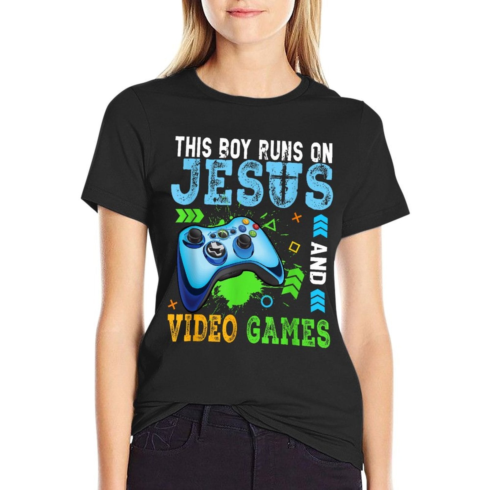 This Boy Runs On Jesus And Video Games Christian Gamer  Tagless Design T-Shirt