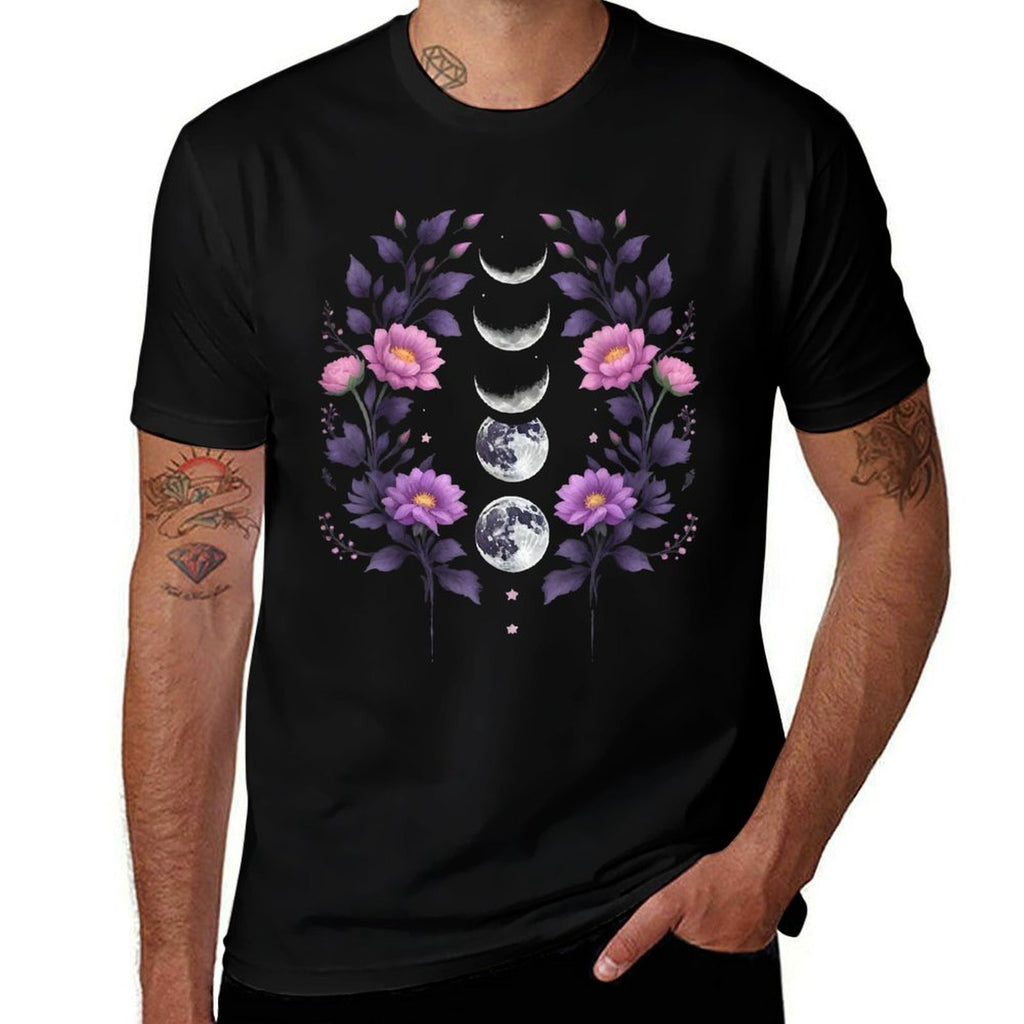 Celestial Moon Phase BOHO Wildflowers Zodiac Witchcore  Heathered Texture T-Shirt