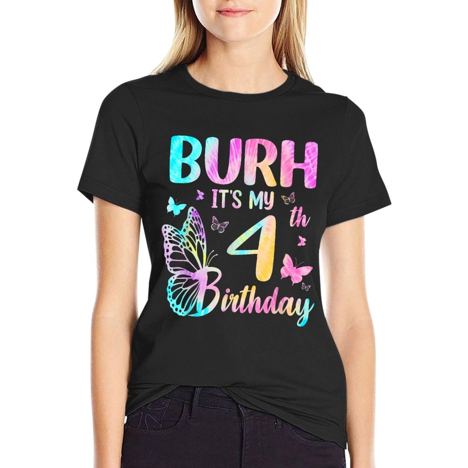 Bruh It's My 4th Birthday Butterfly Theme 4 Year Old  Ribbed Collar T-Shirt