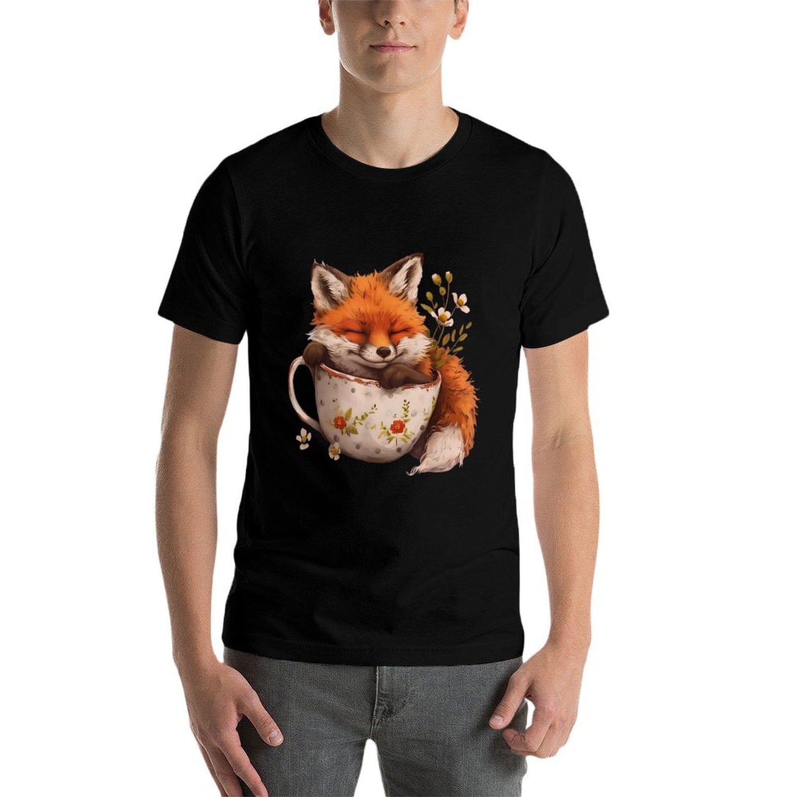 Cottagecore Floral Cute Fox Tea Cup Aesthetic Art Women Girl  Ribbed Collar T-Shirt