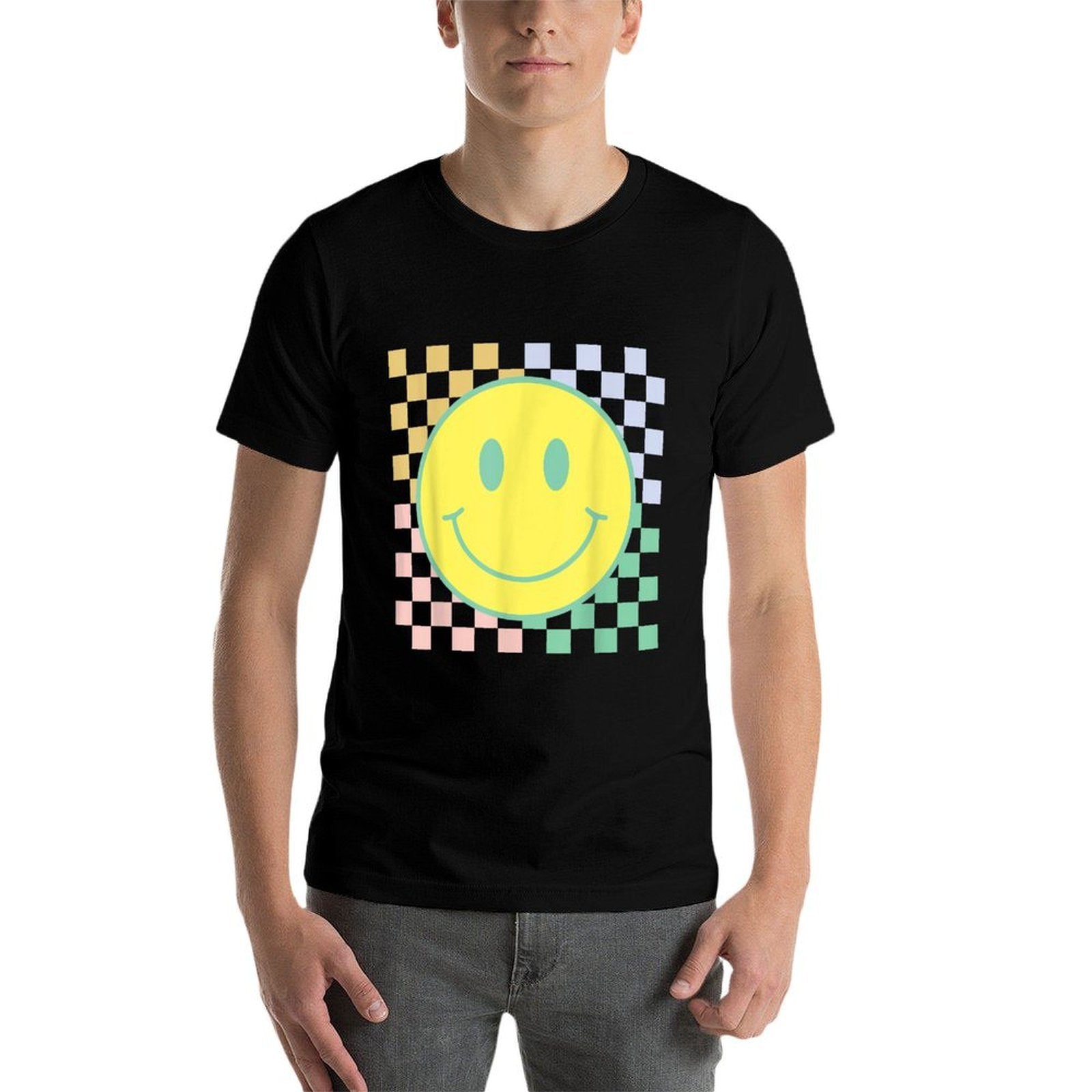 Retro Happy Face Checkered Pattern Smile Face Trendy  Eco-friendly Material T-Shirt