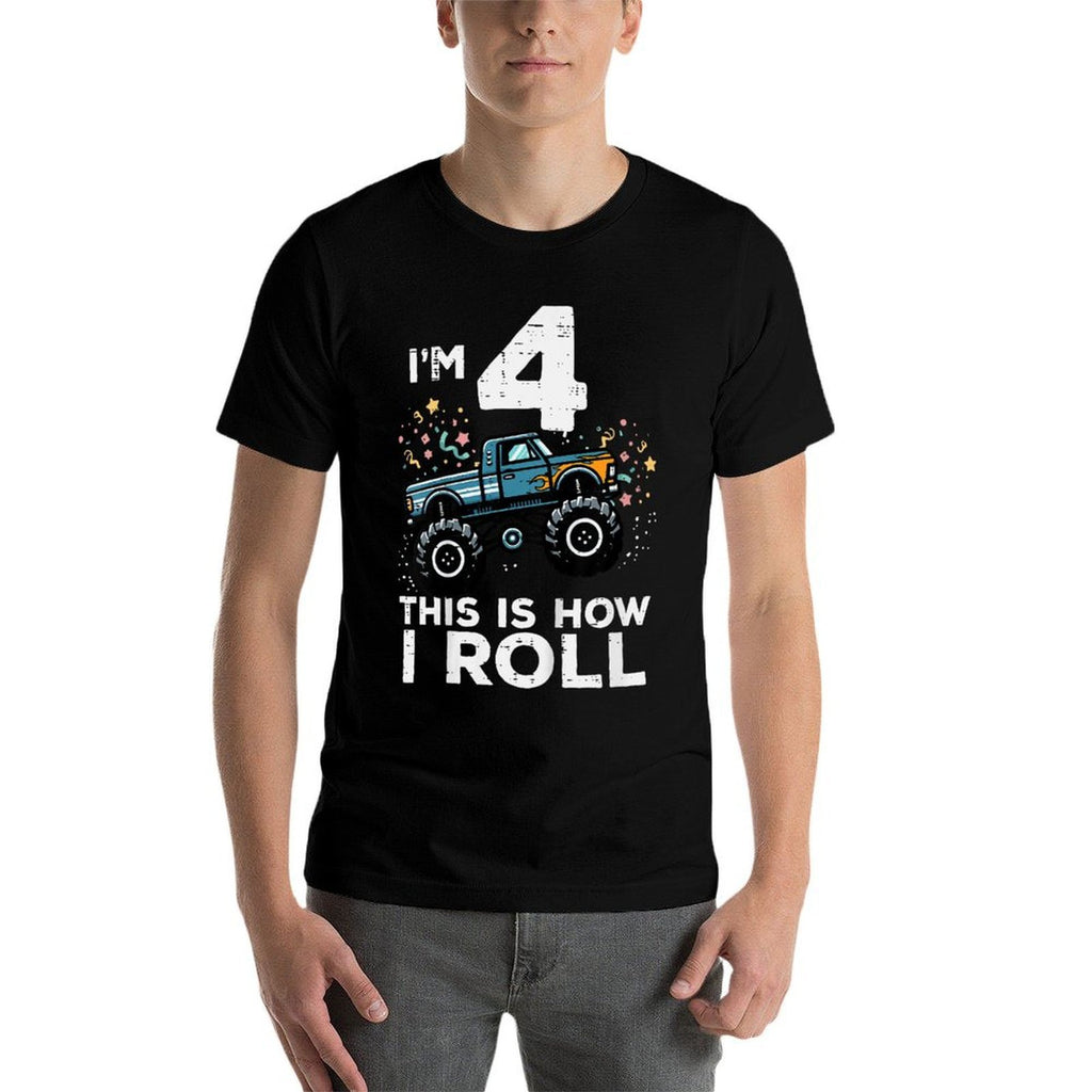 Kids Im 4 Monster Truck This How I Roll 4th Birthday Boys Kids  Ribbed Collar T-Shirt