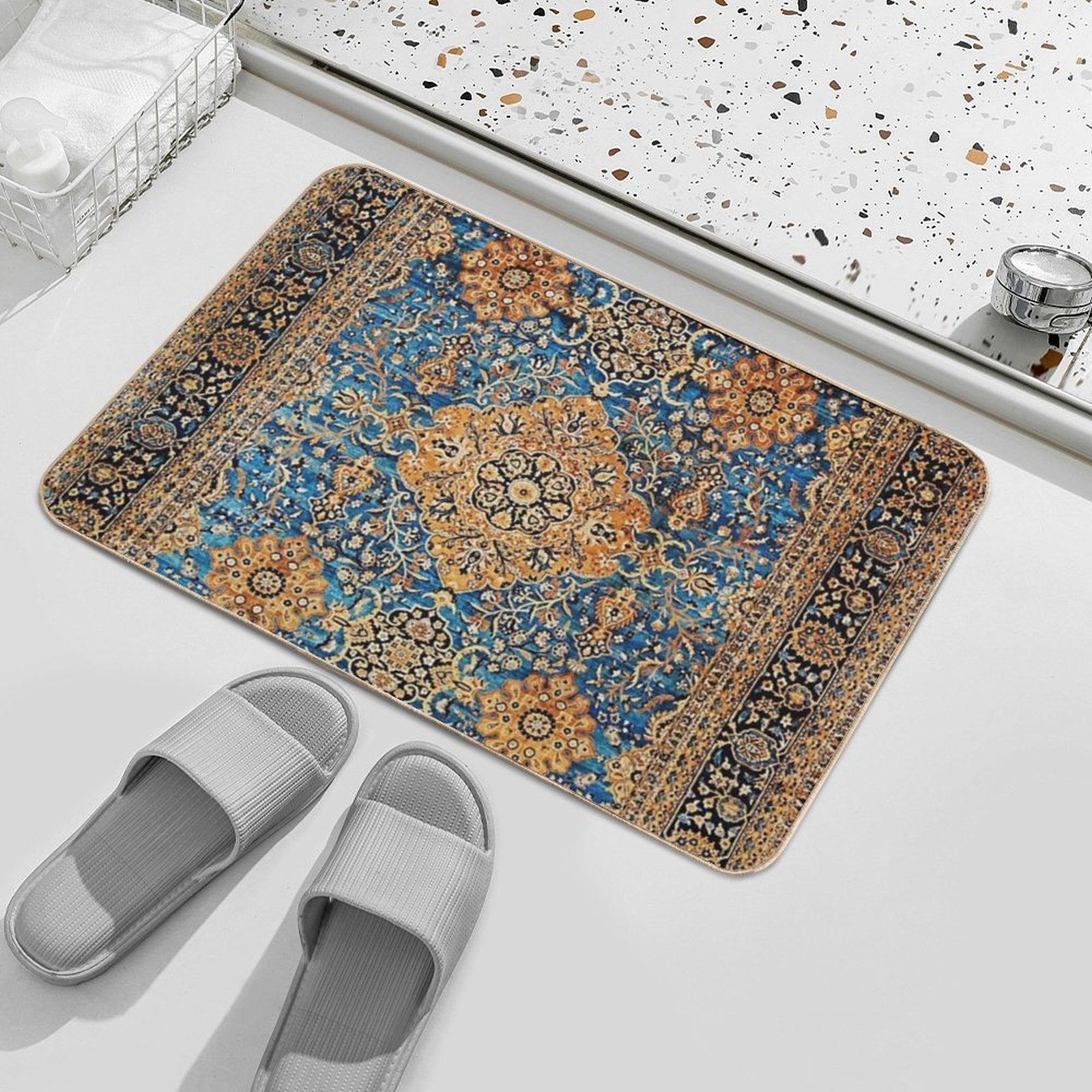 Antique Blue Persian Kirman Rug Print  Slip-Resistant Bath Mat