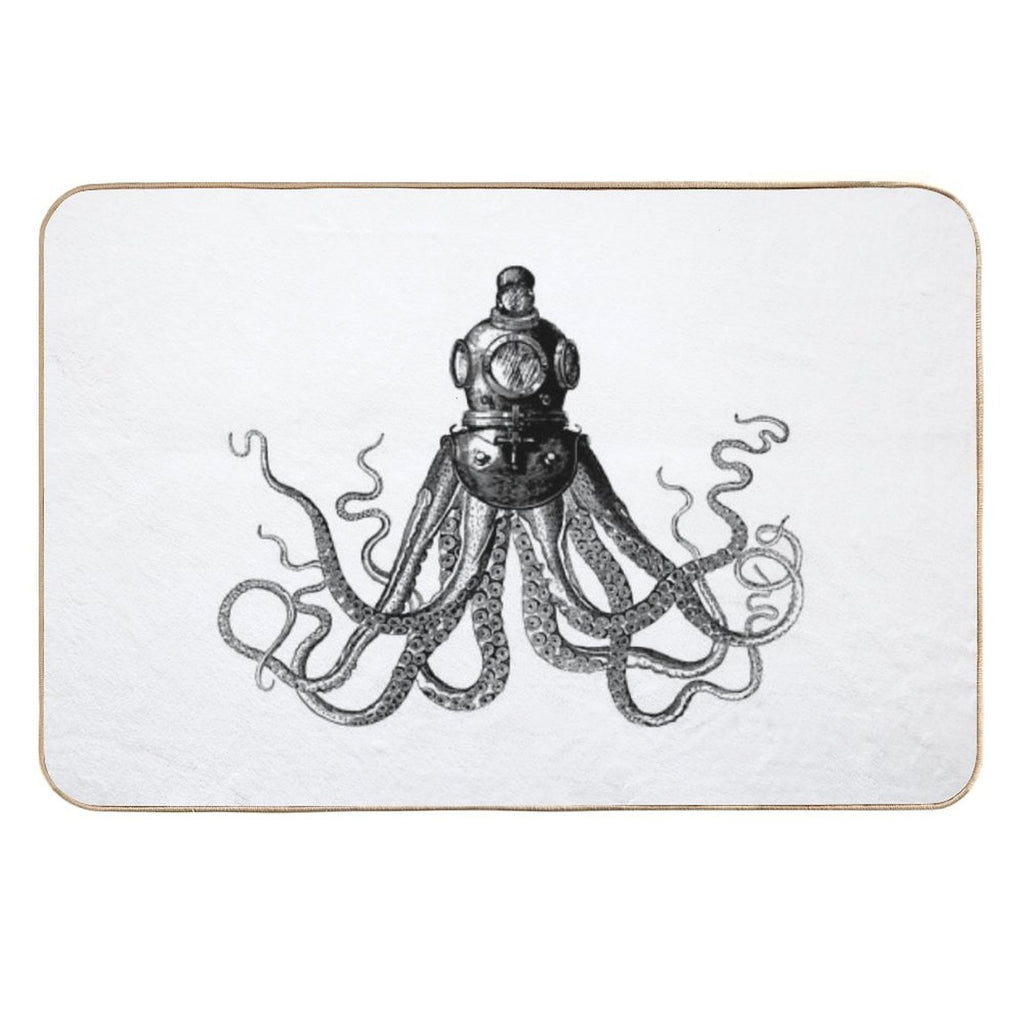 Octopus in Diving Helmet  Deep Sea Divers Helmet  Vintage Octopus  Tentacles  Anthropomorphic  Black And White Durable Bath Mat