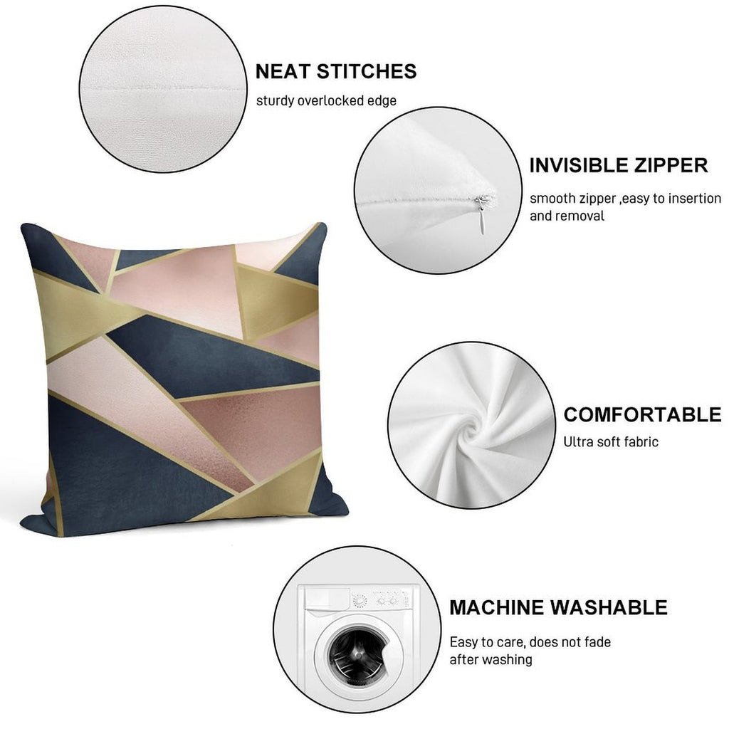Geometric, Rose Gold, Pink, Gold And Navy Blue, Abstract, Pattern Soft Fade-Resistant Throw Pillow