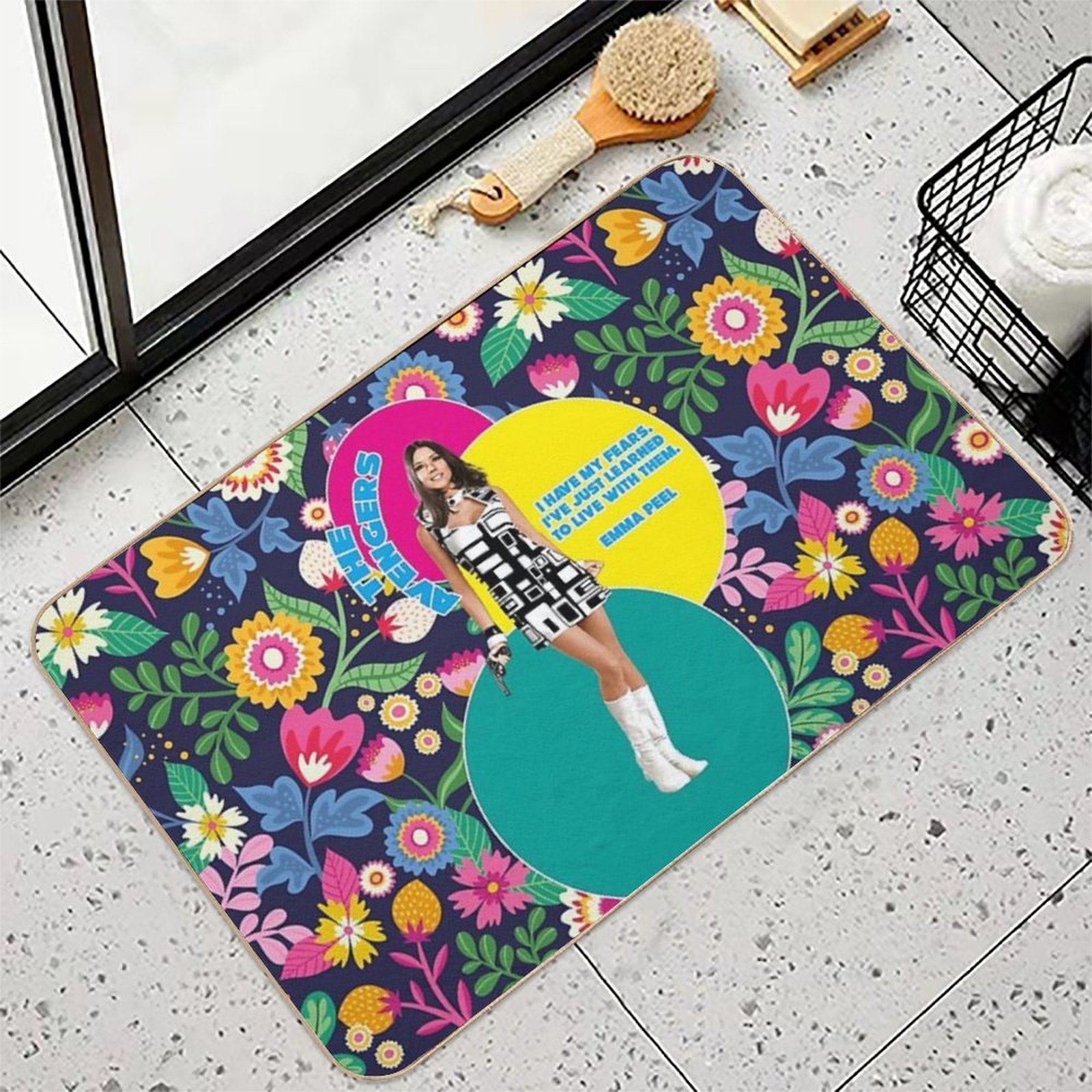The Avengers with Umbrella Charm And Bowler Hat, Emma Peel Quote  Absorbent Bath Mat