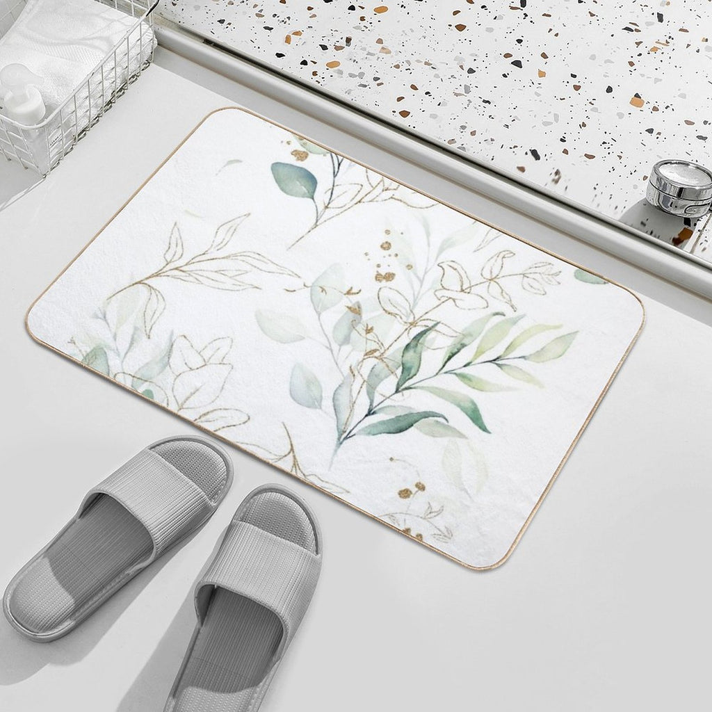 Eucalyptus Leafs And Gold Pattern Watercolor Print by Zouzounio Art  Stain-Proof Bath Mat