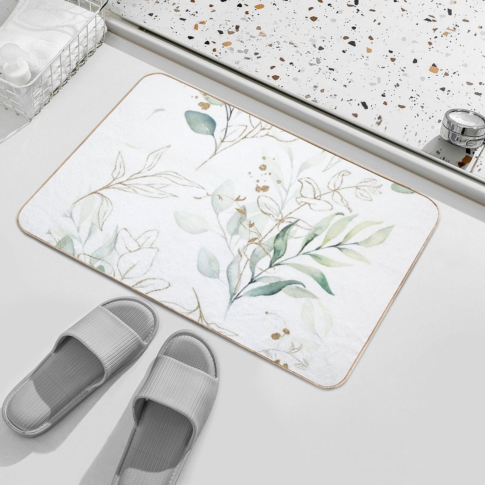 Eucalyptus Leafs And Gold Pattern Watercolor Print by Zouzounio Art  Stain-Proof Bath Mat