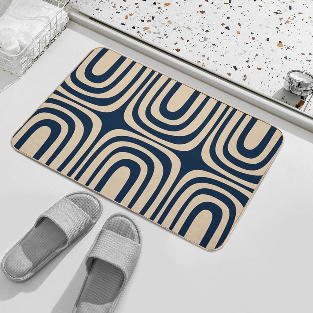 Midcentury Modern Confaab Abstract Pattern in Mid Mod Navy Blue And Beige  Stain-Proof Bath Mat