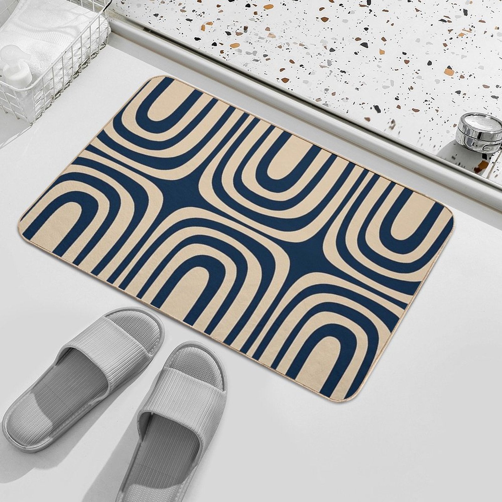 Midcentury Modern Confaab Abstract Pattern in Mid Mod Navy Blue And Beige  Stain-Proof Bath Mat