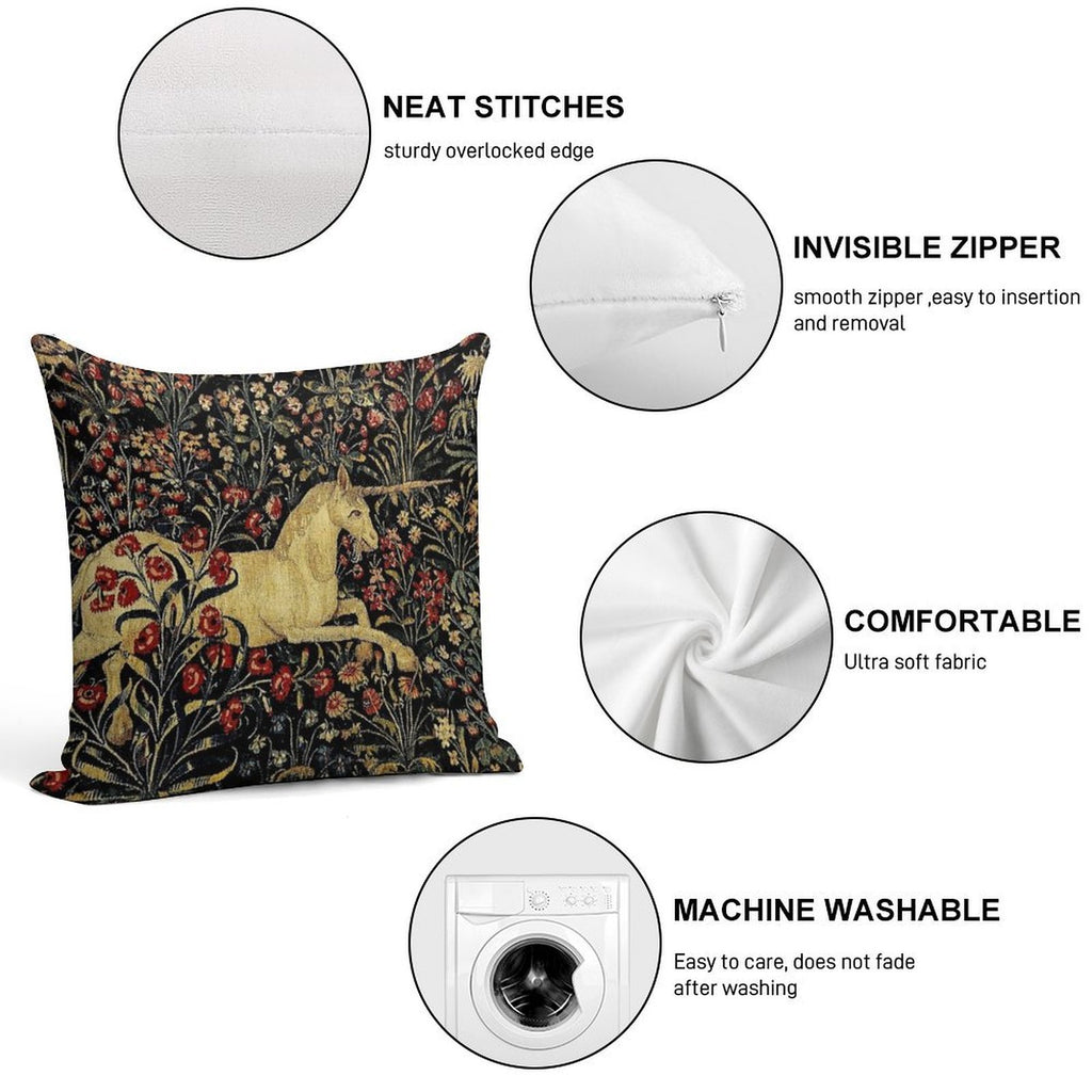 Medieval Unicorn Midnight Floral Tapestry Soft Shrink-Resistant Throw Pillow